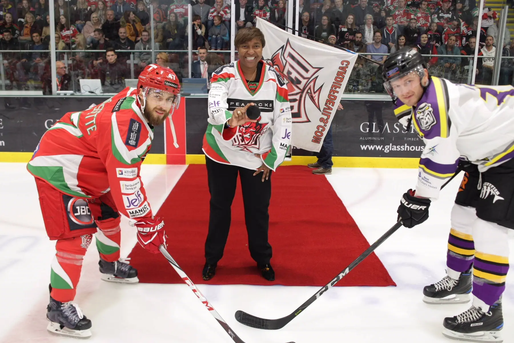 Ceremonial puck drop before a Cardiff Devils home game