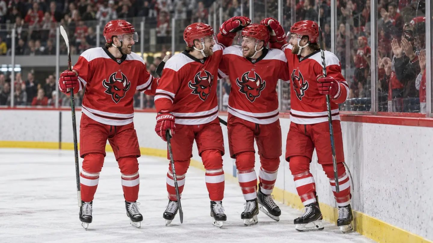 AI-generated editorial reconstruction of Cardiff Devils players celebrating their two opening Elite League wins