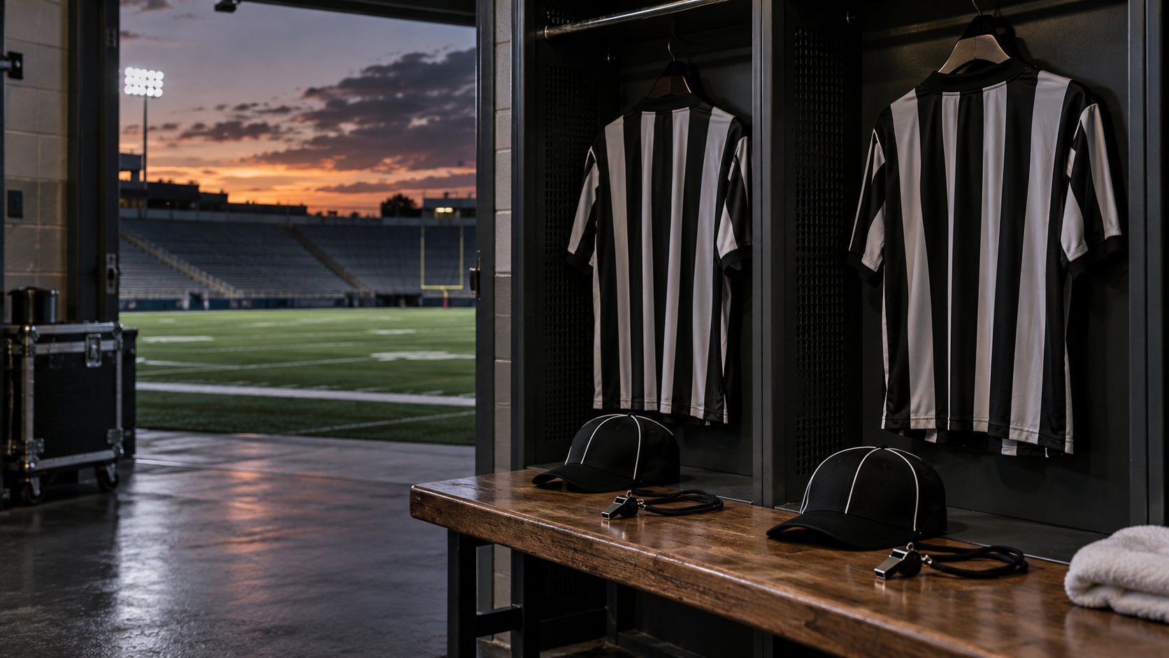 AI-generated editorial reconstruction representing two suspended American-football officials