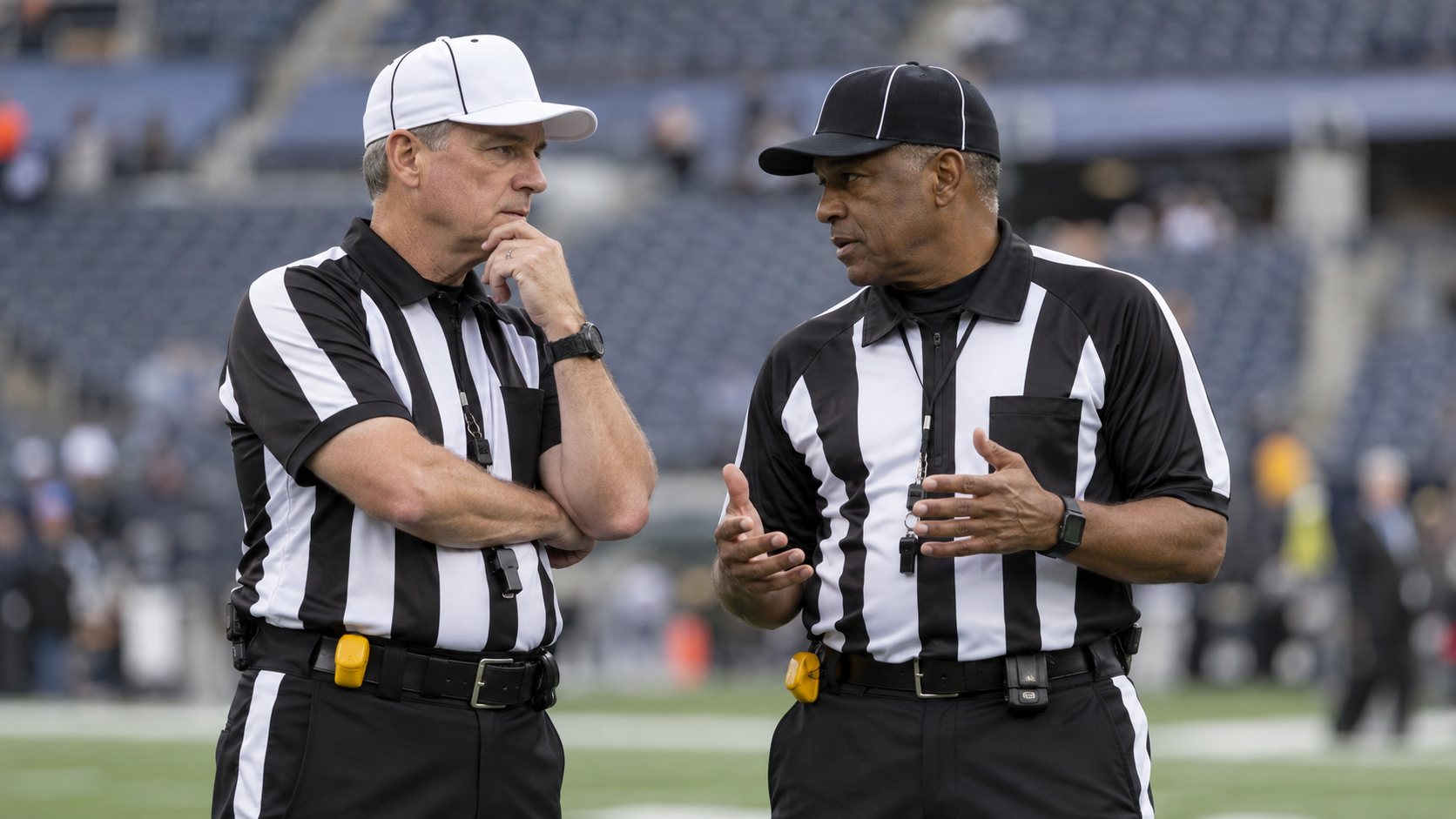 AI-generated editorial reconstruction of two American-football officials conferring before a game