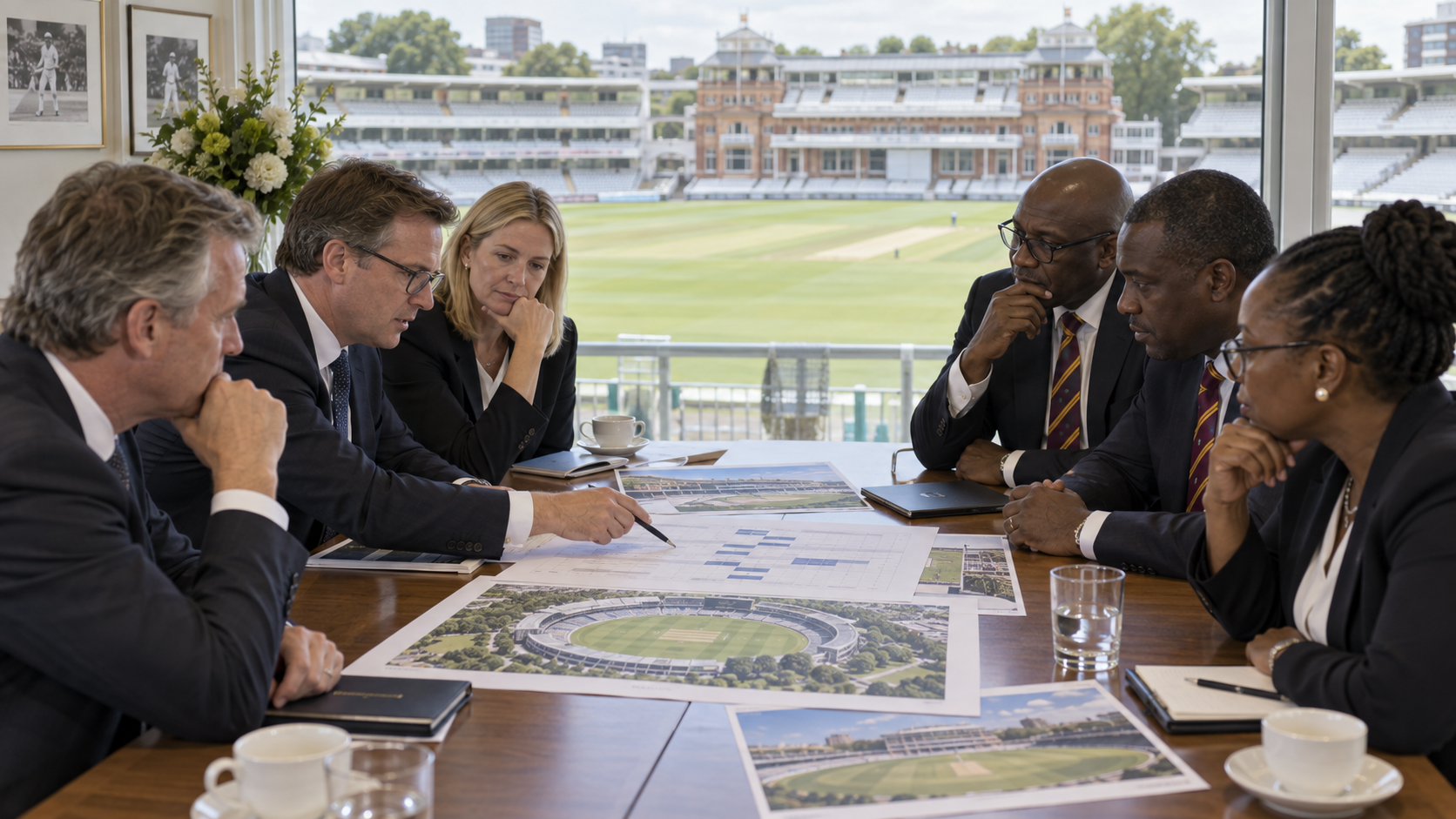 AI-generated editorial reconstruction of cricket administrators discussing support for a future England versus West Indies Test