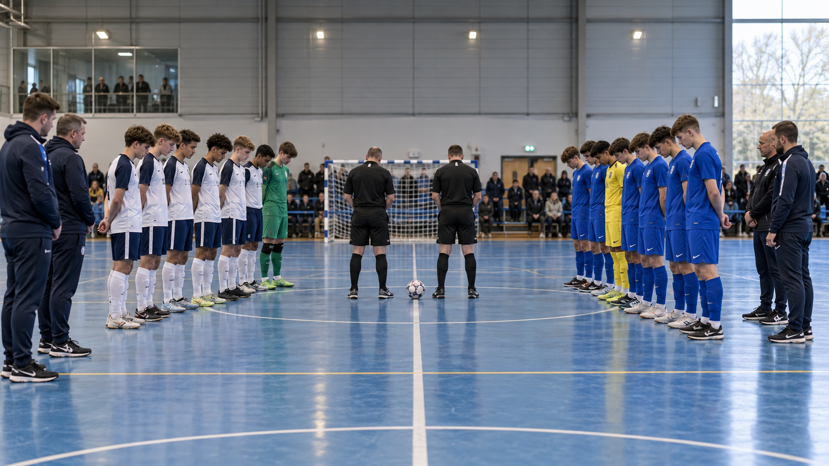 AI-generated editorial reconstruction of teams at the England Futsal Under-18 Youth Cup