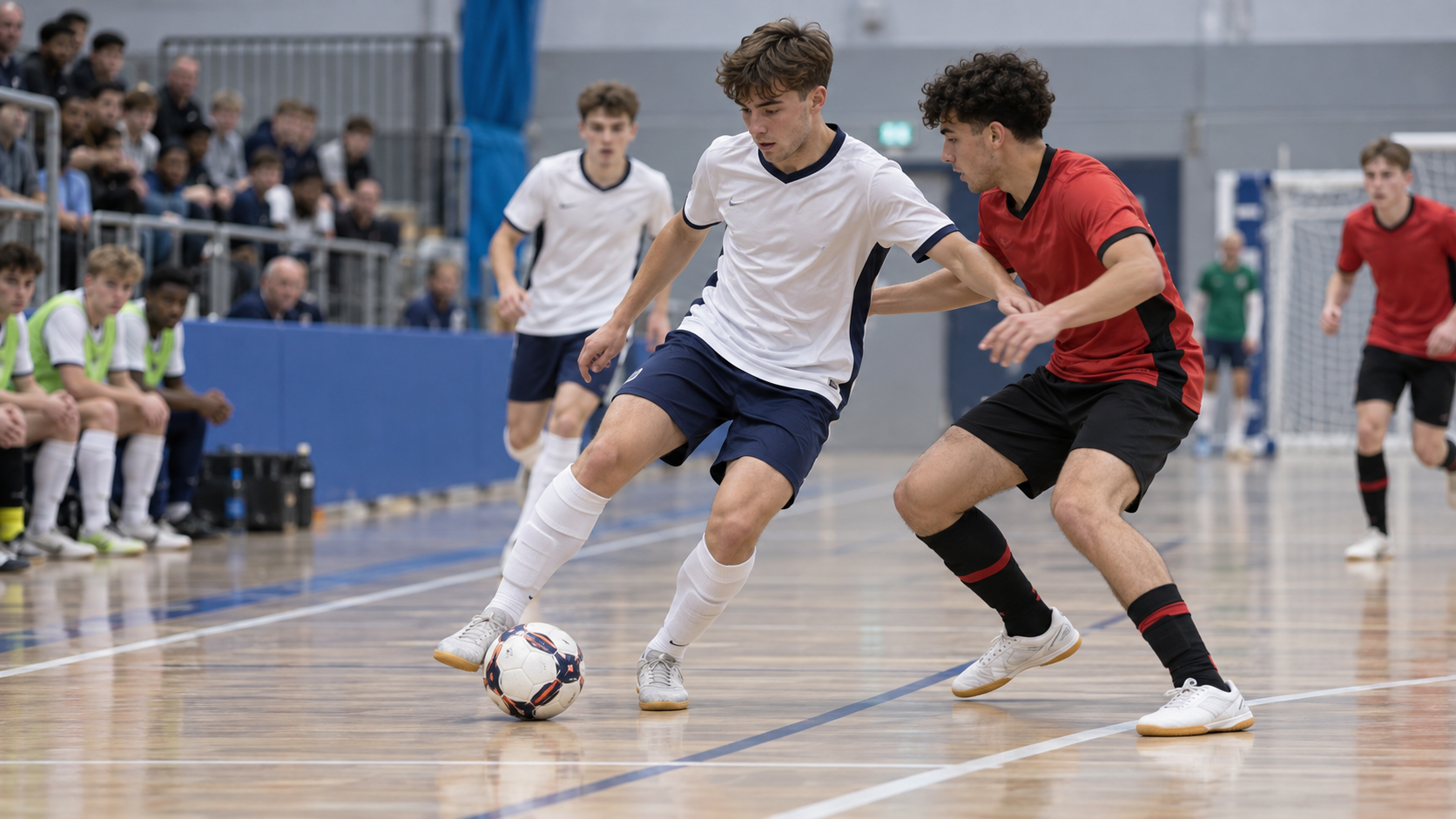 AI-generated editorial reconstruction of an England Under-18 Youth Cup futsal match