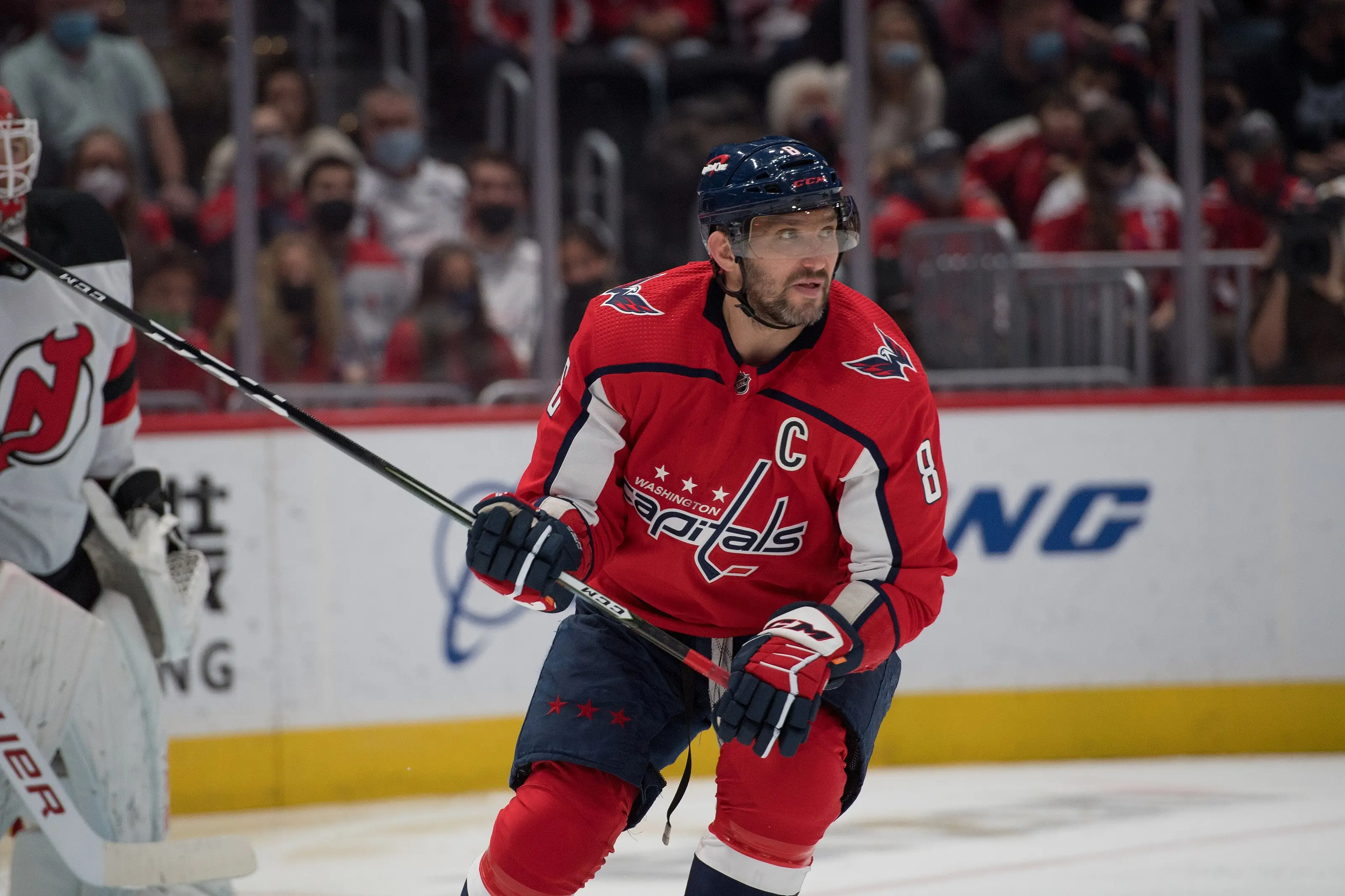 Alex Ovechkin waiting in front of goal for the Washington Capitals