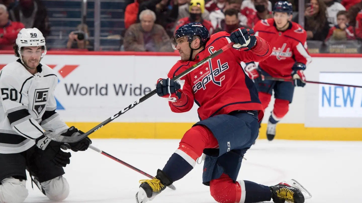 Alex Ovechkin shooting from one knee for the Washington Capitals