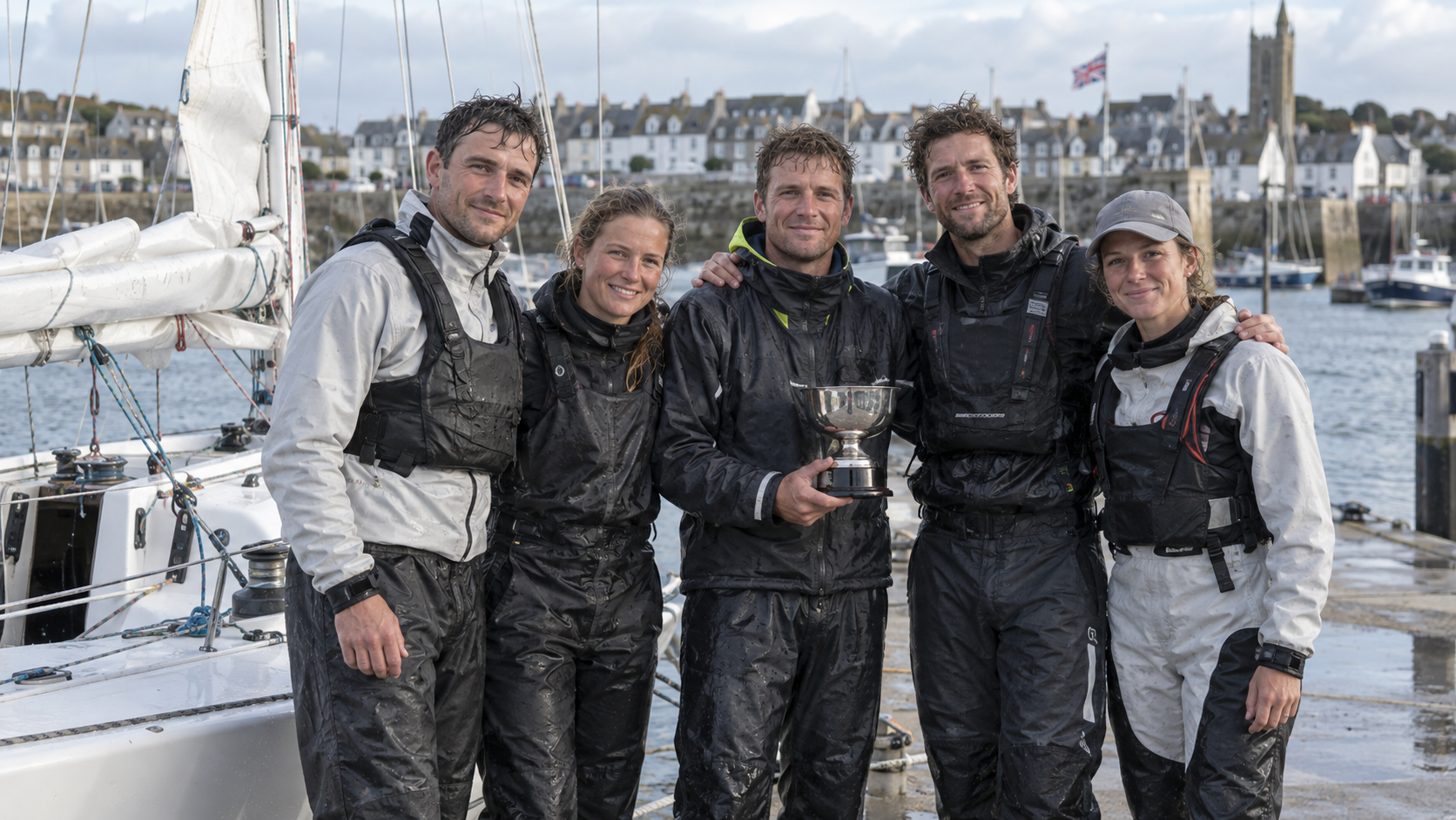 AI-generated editorial reconstruction of Monarch's crew after winning the 707 Sprints