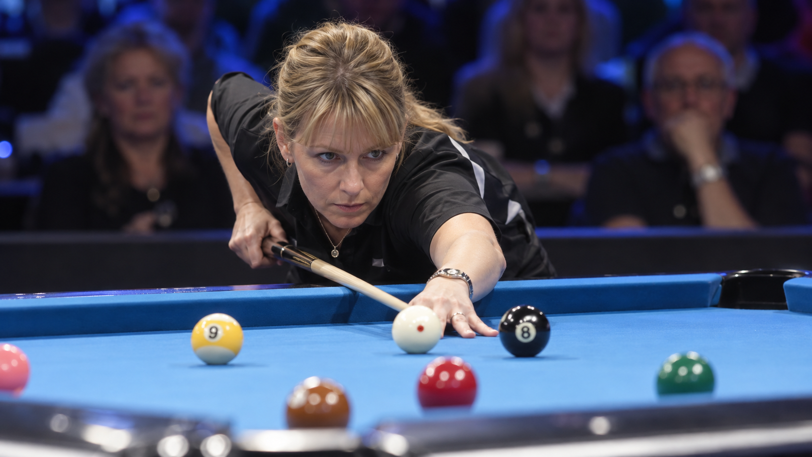 AI-generated editorial reconstruction of Allison Fisher in professional pool competition