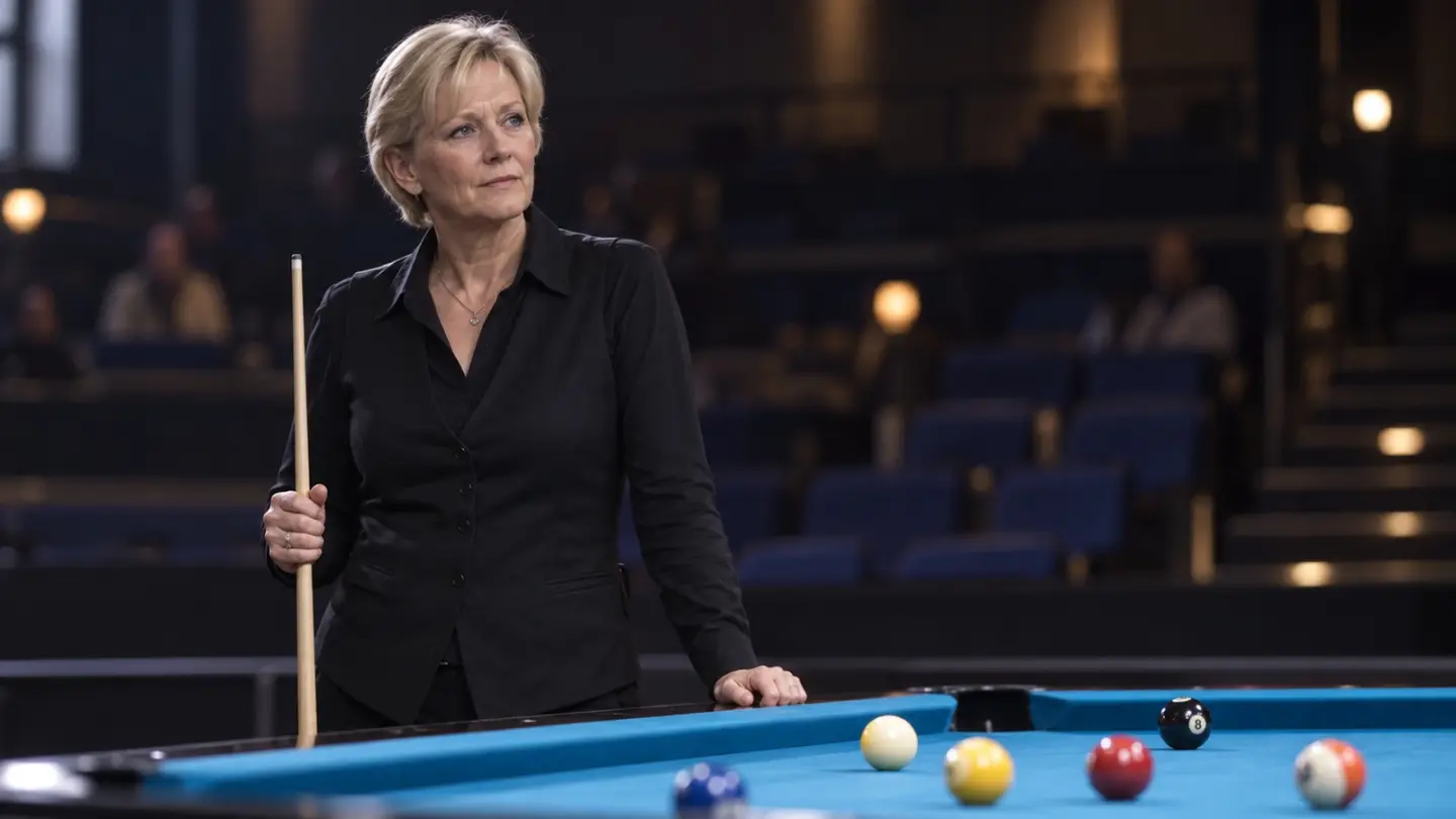 AI-generated editorial reconstruction of Allison Fisher reflecting on her cue-sports career