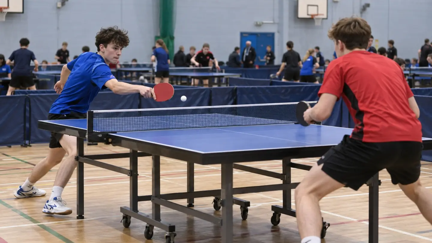 AI-generated editorial reconstruction of a Youth British Clubs League table-tennis match