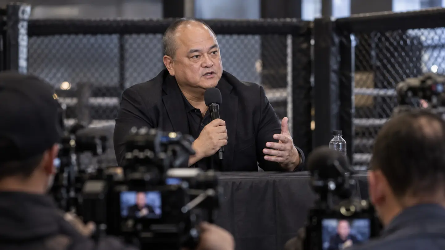 AI-generated editorial reconstruction of Scott Coker launching a new MMA promotion
