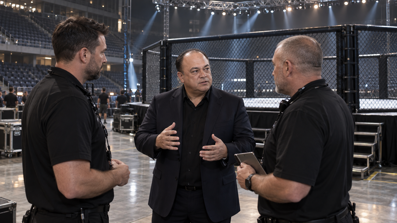 AI-generated editorial reconstruction of Scott Coker preparing a venue for Ki MMA