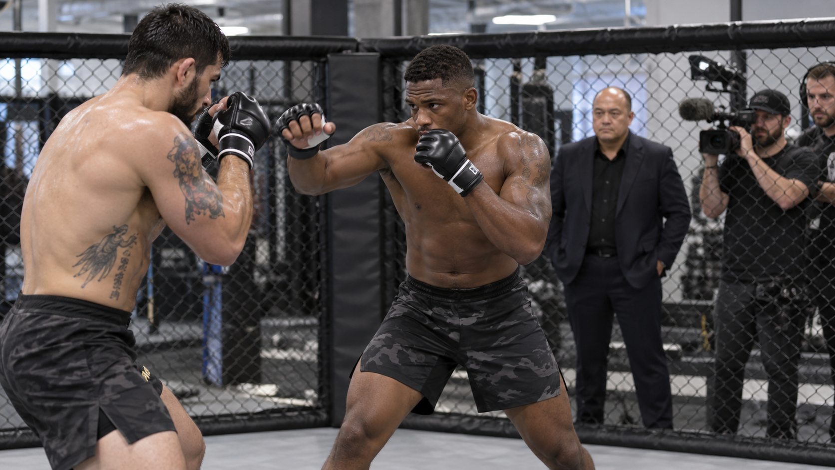 AI-generated editorial reconstruction of Scott Coker observing athletes before Ki MMA's launch
