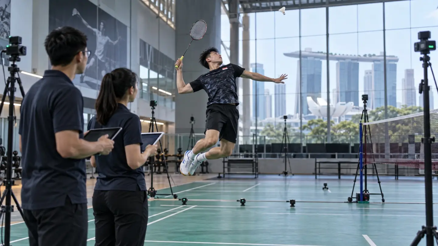 AI-generated editorial reconstruction of badminton motion research in Singapore