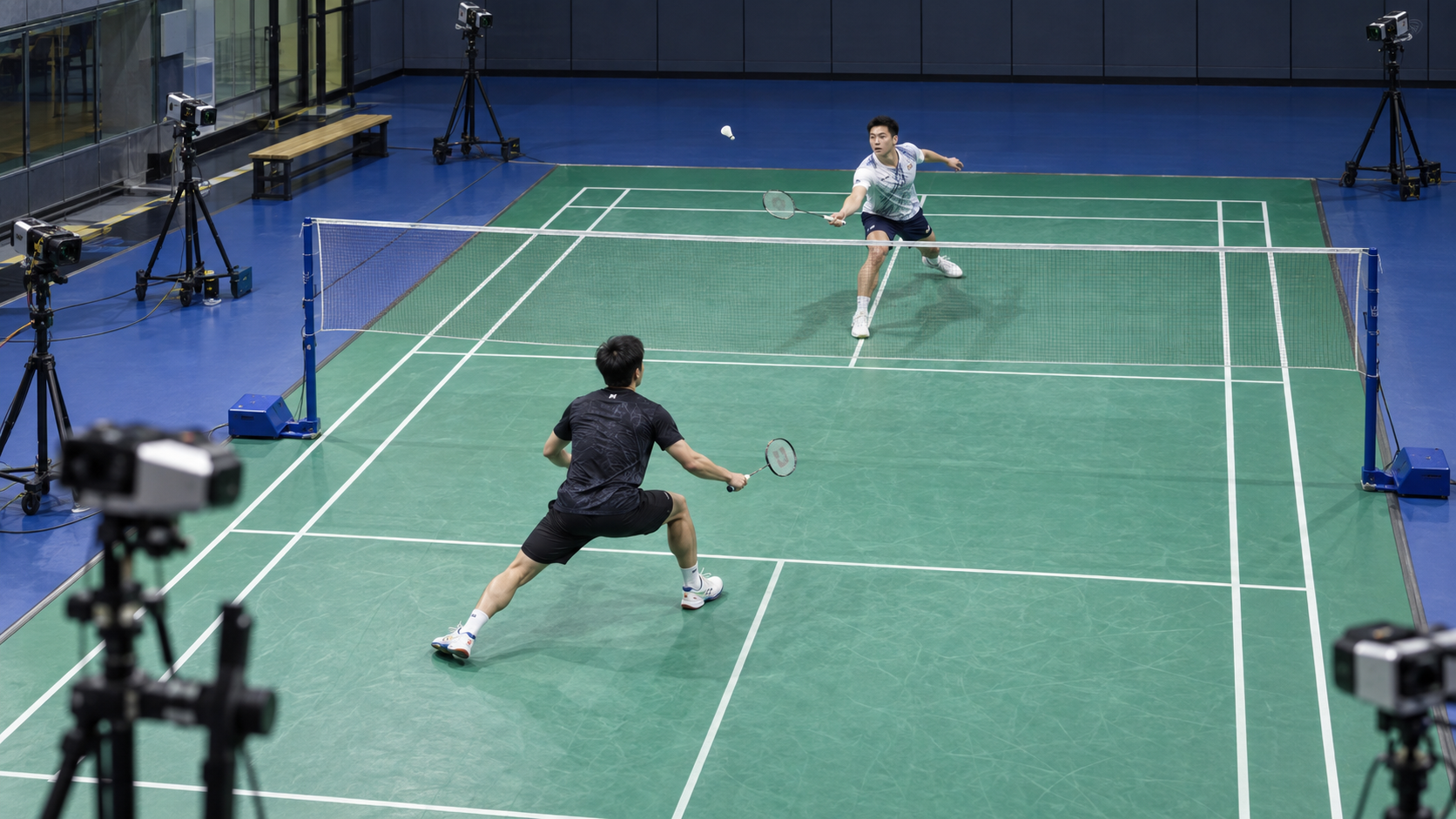 AI-generated editorial reconstruction of computer-vision research on a badminton court