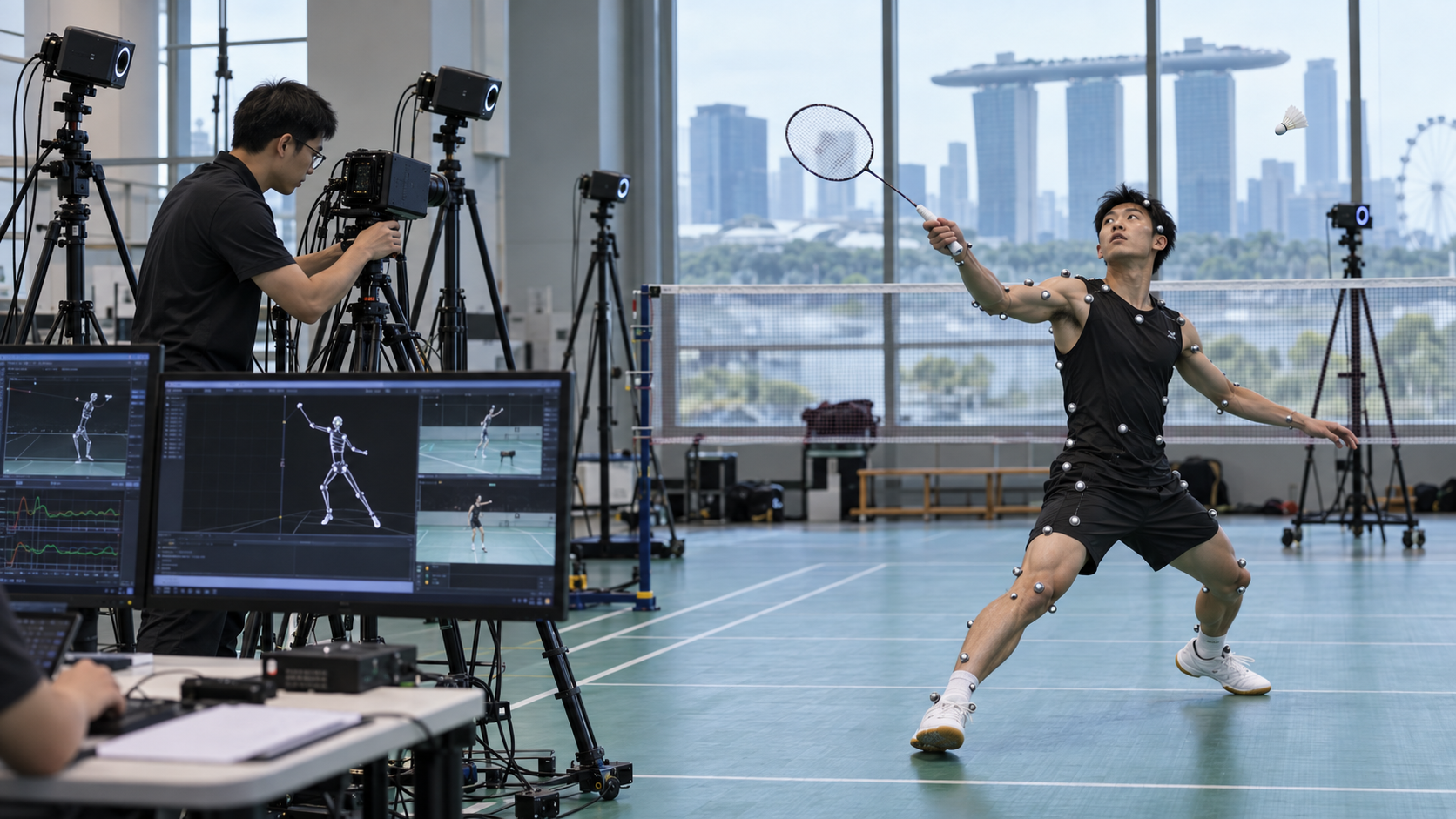 AI-generated editorial reconstruction of an athlete taking part in badminton biomechanics research