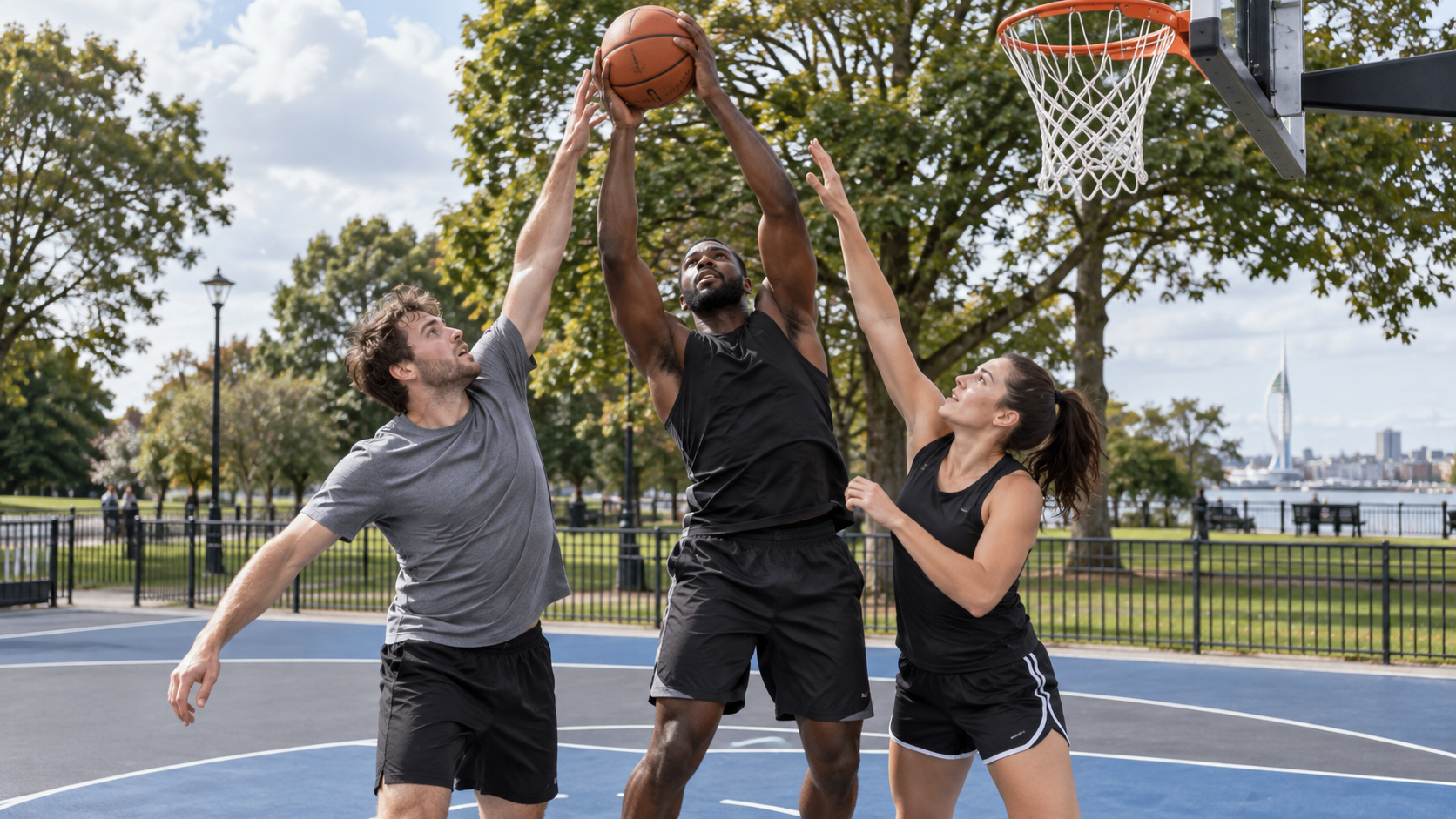 AI-generated editorial reconstruction of basketball on the renovated Alexandra Park courts