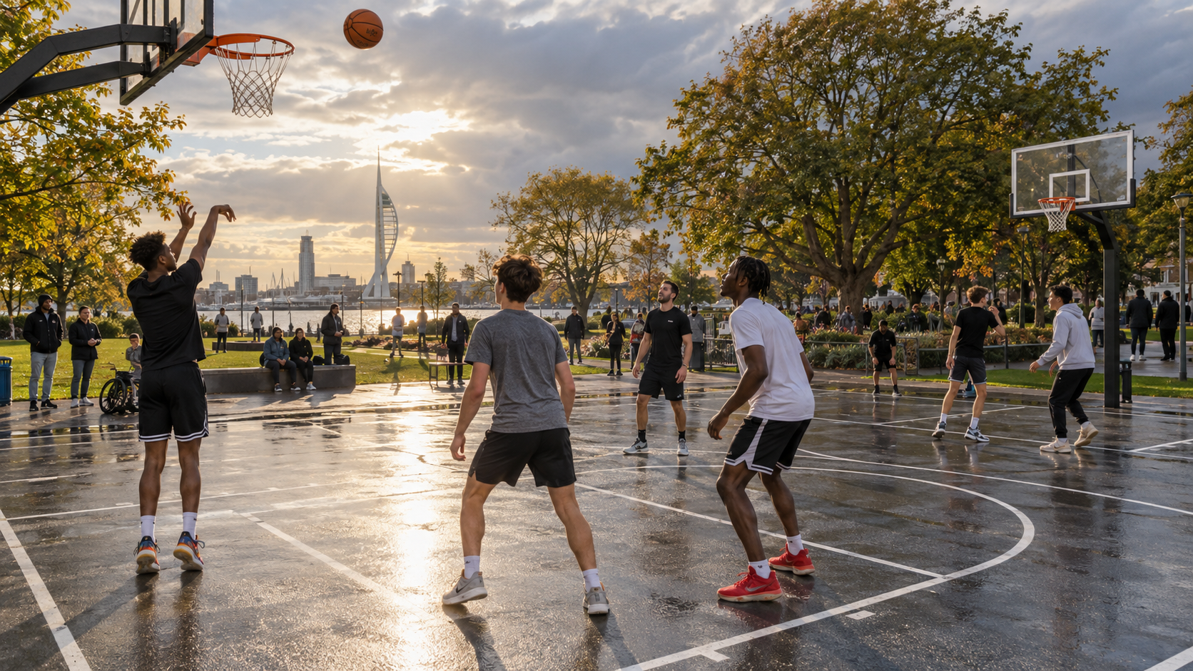 AI-generated editorial reconstruction of a community basketball session at Alexandra Park