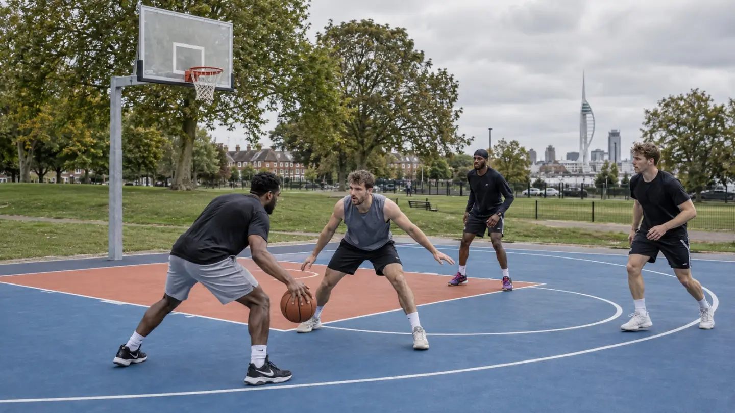 AI-generated editorial reconstruction of community play on a renovated Alexandra Park 3x3 court