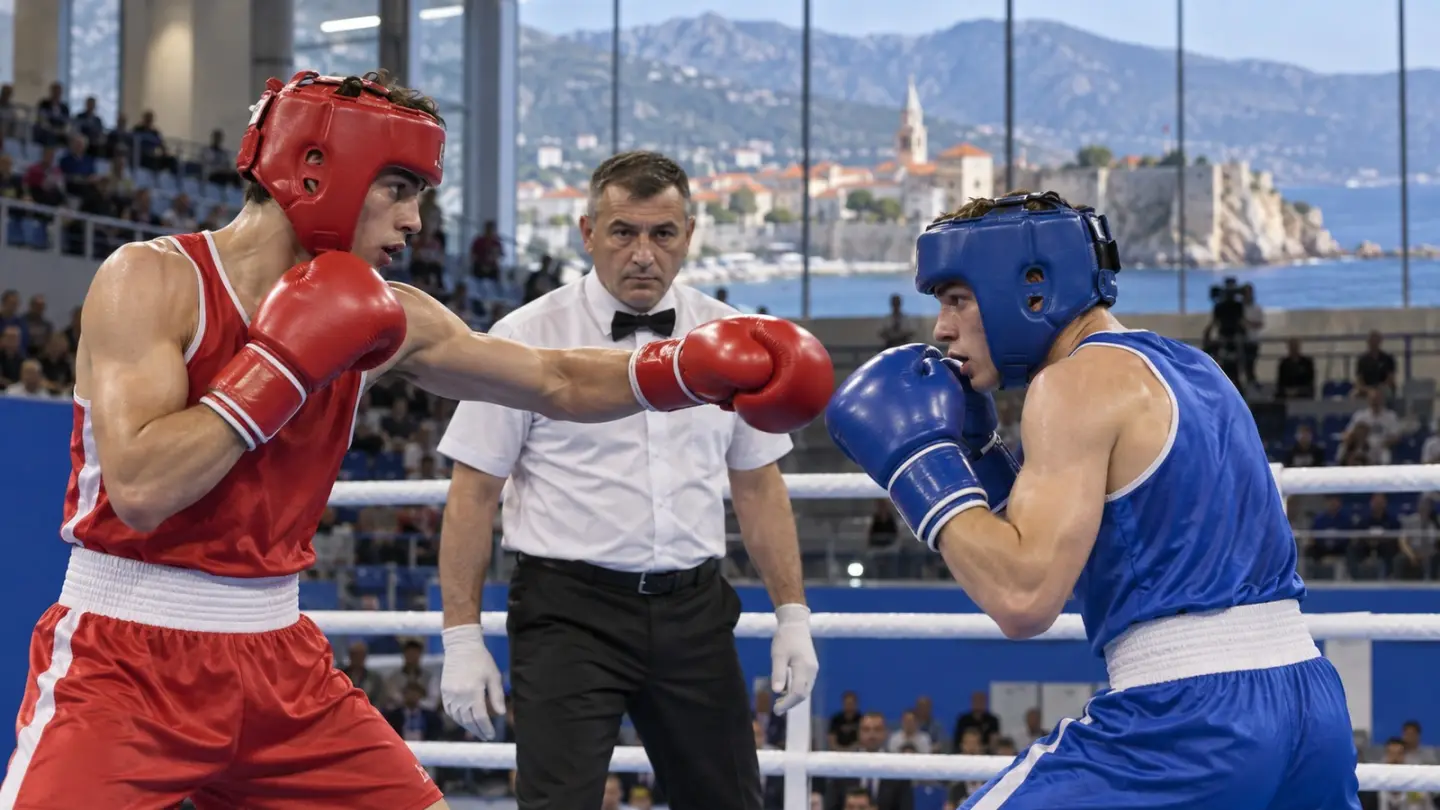 AI-generated editorial reconstruction of a bout at the World Boxing U19 Championships in Budva