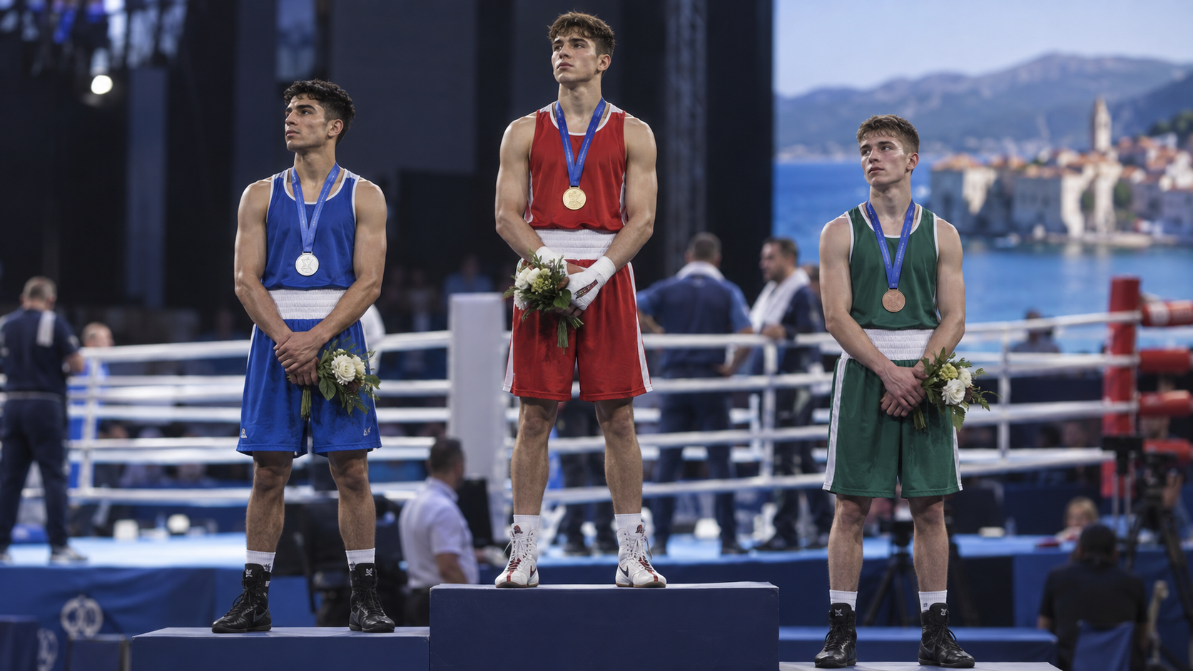AI-generated editorial reconstruction of U19 boxing medallists in Budva