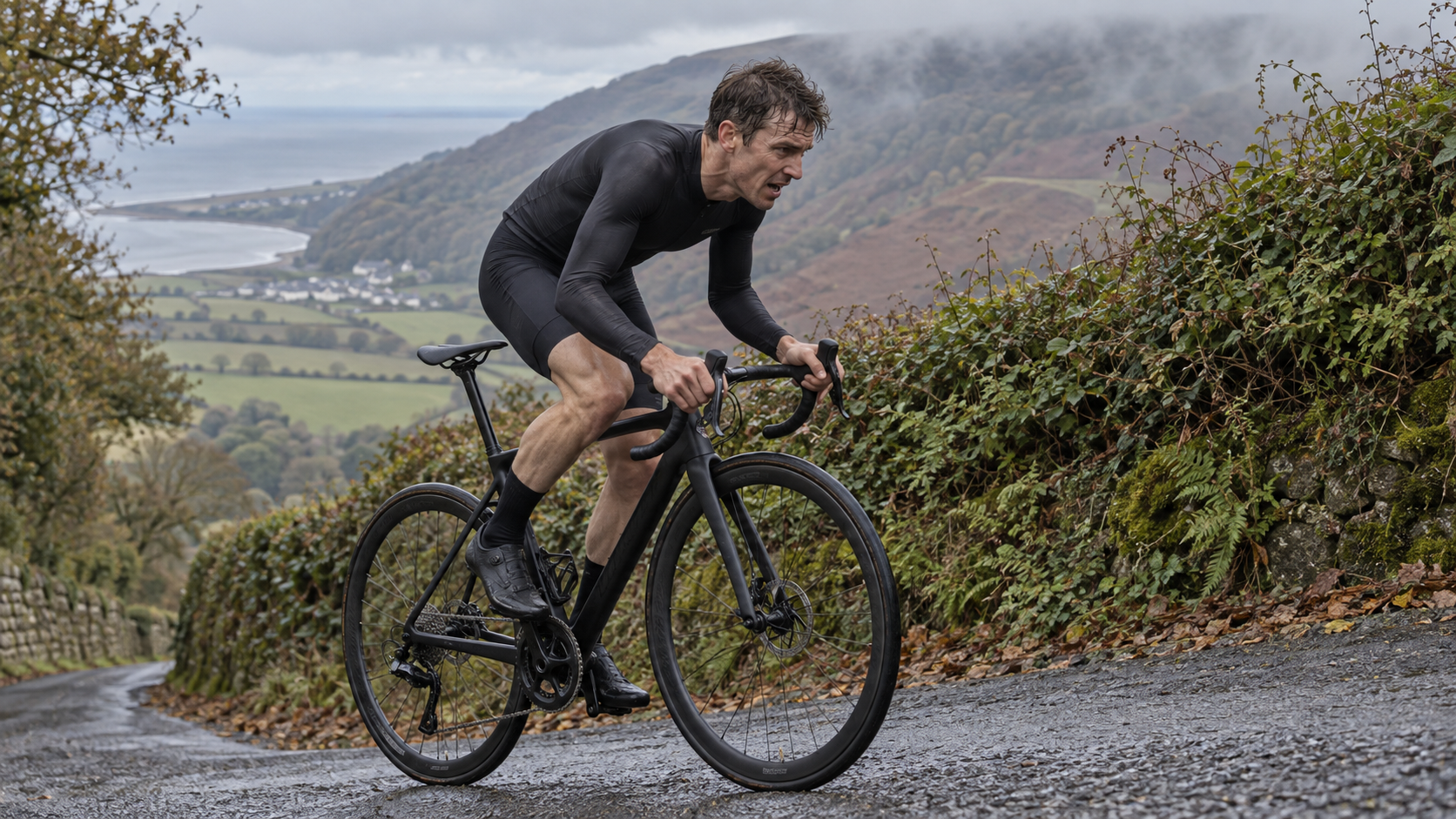 AI-generated editorial reconstruction of Andrew Feather preparing for the Porlock Hill title race