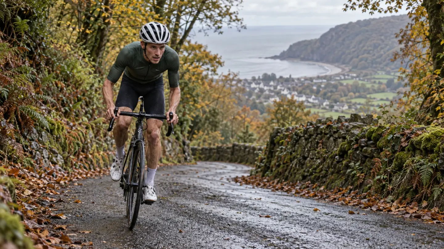 AI-generated editorial reconstruction of Andrew Feather climbing Porlock Hill