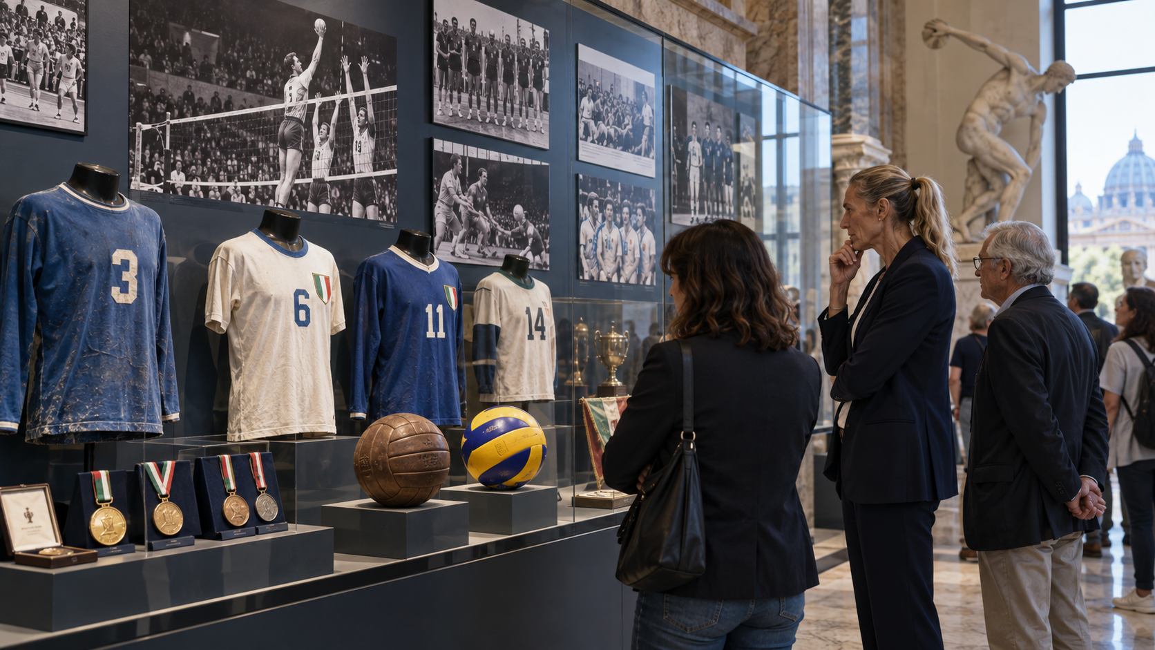 AI-generated editorial reconstruction of an exhibition marking 80 years of the Italian Volleyball Federation