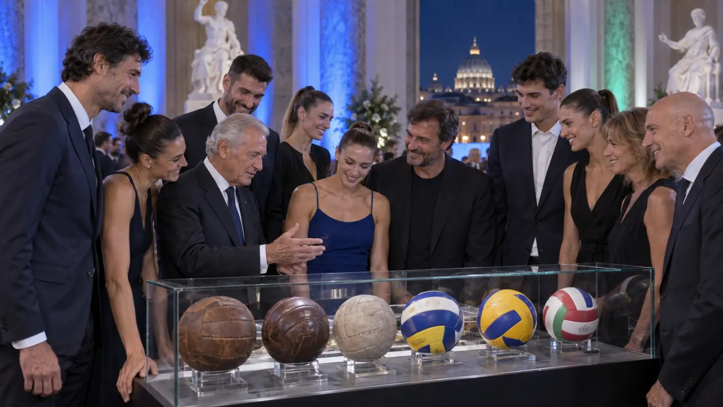 AI-generated editorial reconstruction of the Italian Volleyball Federation's 80th anniversary celebration