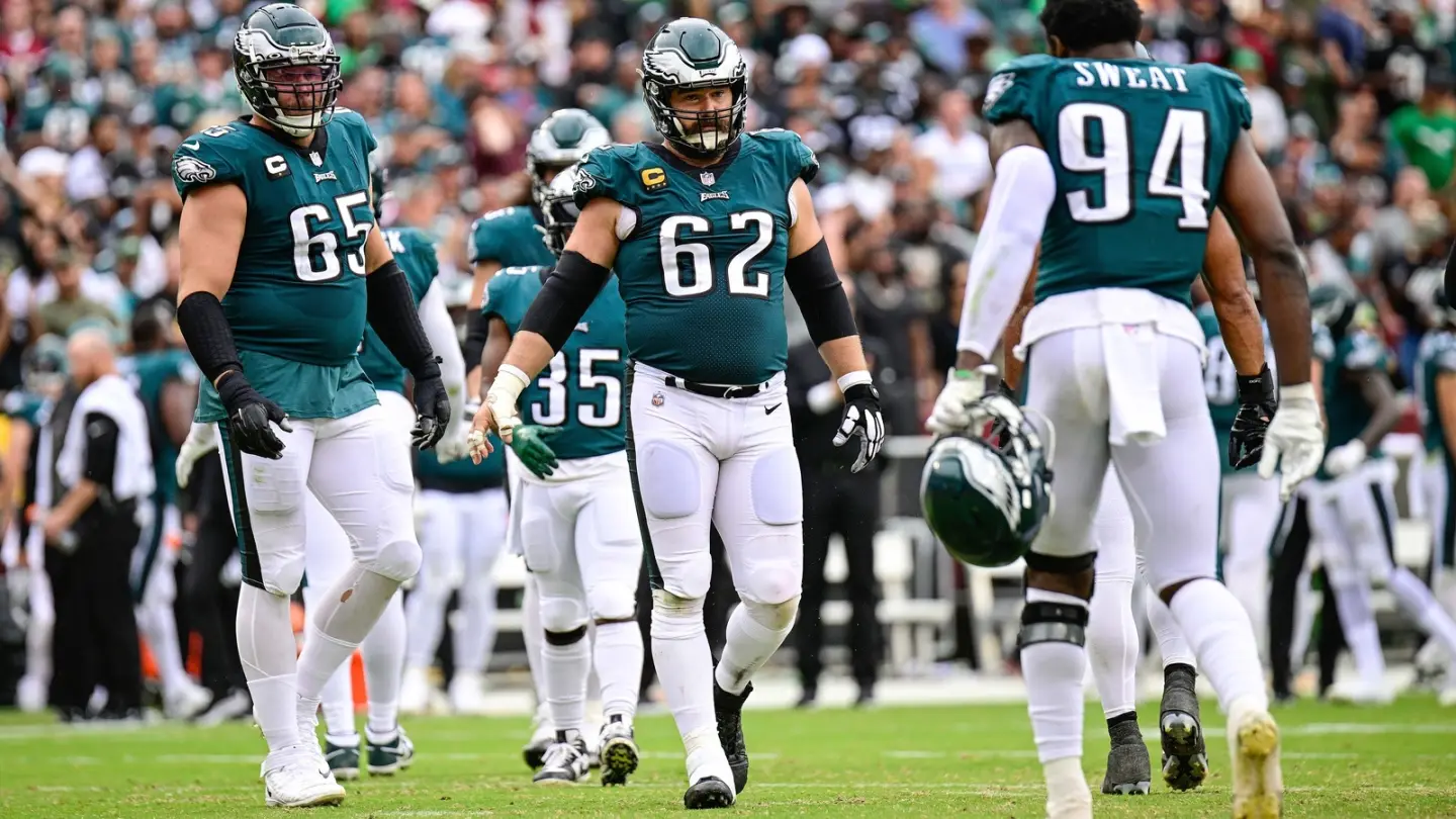 Jason Kelce and Lane Johnson during a Philadelphia Eagles game in 2022