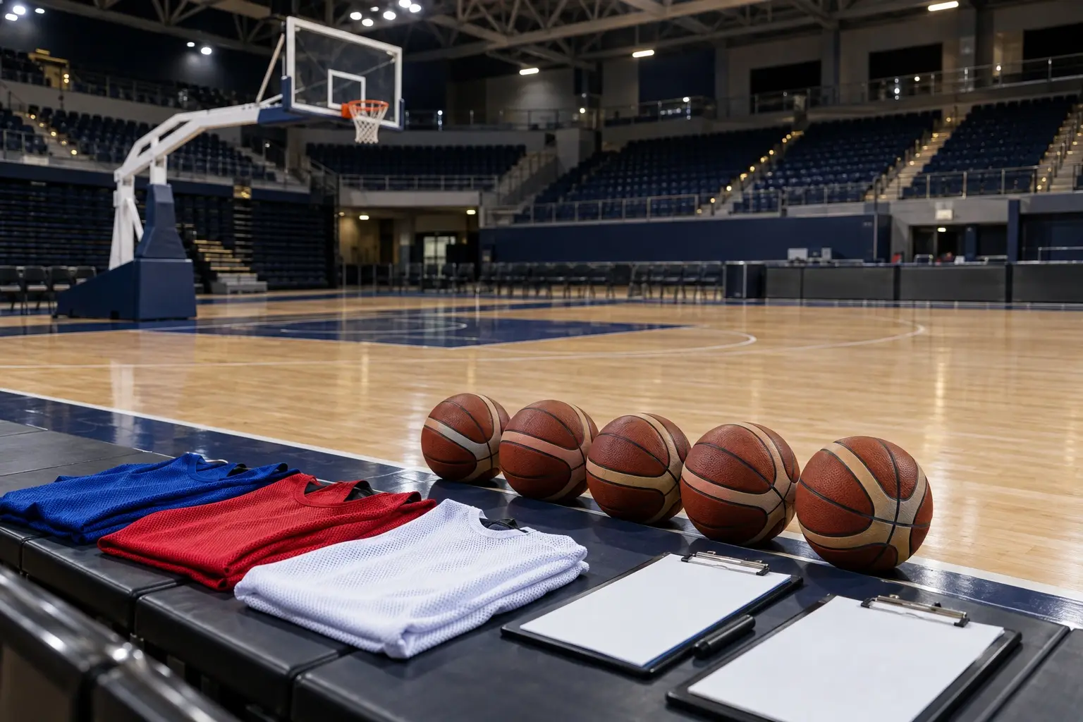 AI-generated editorial concept of a national basketball training court and equipment