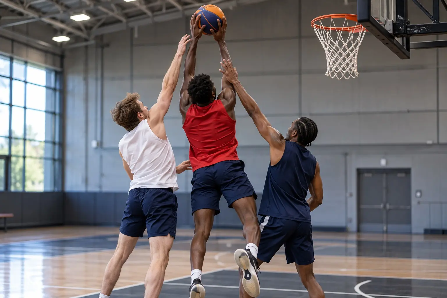 AI-generated editorial concept of players practising three-on-three basketball