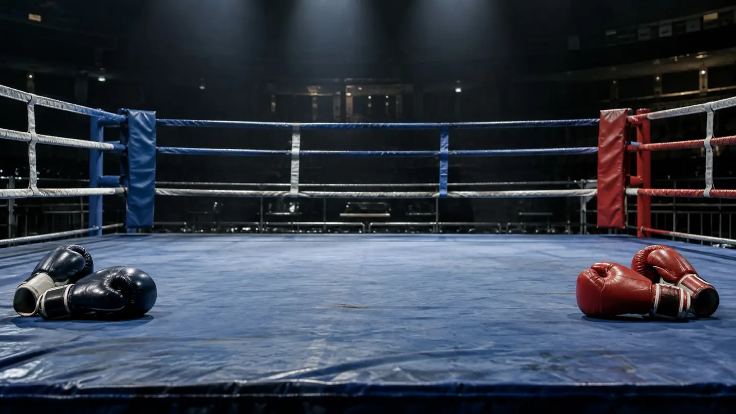 AI-generated editorial concept of an empty boxing ring for a proposed heavyweight bout