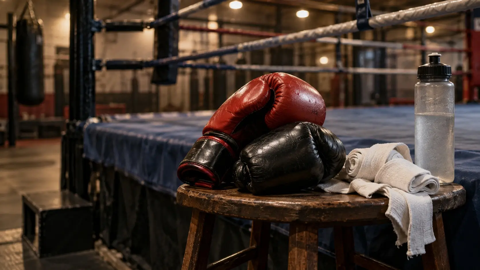 AI-generated editorial concept of boxing gloves and equipment beside an empty ring