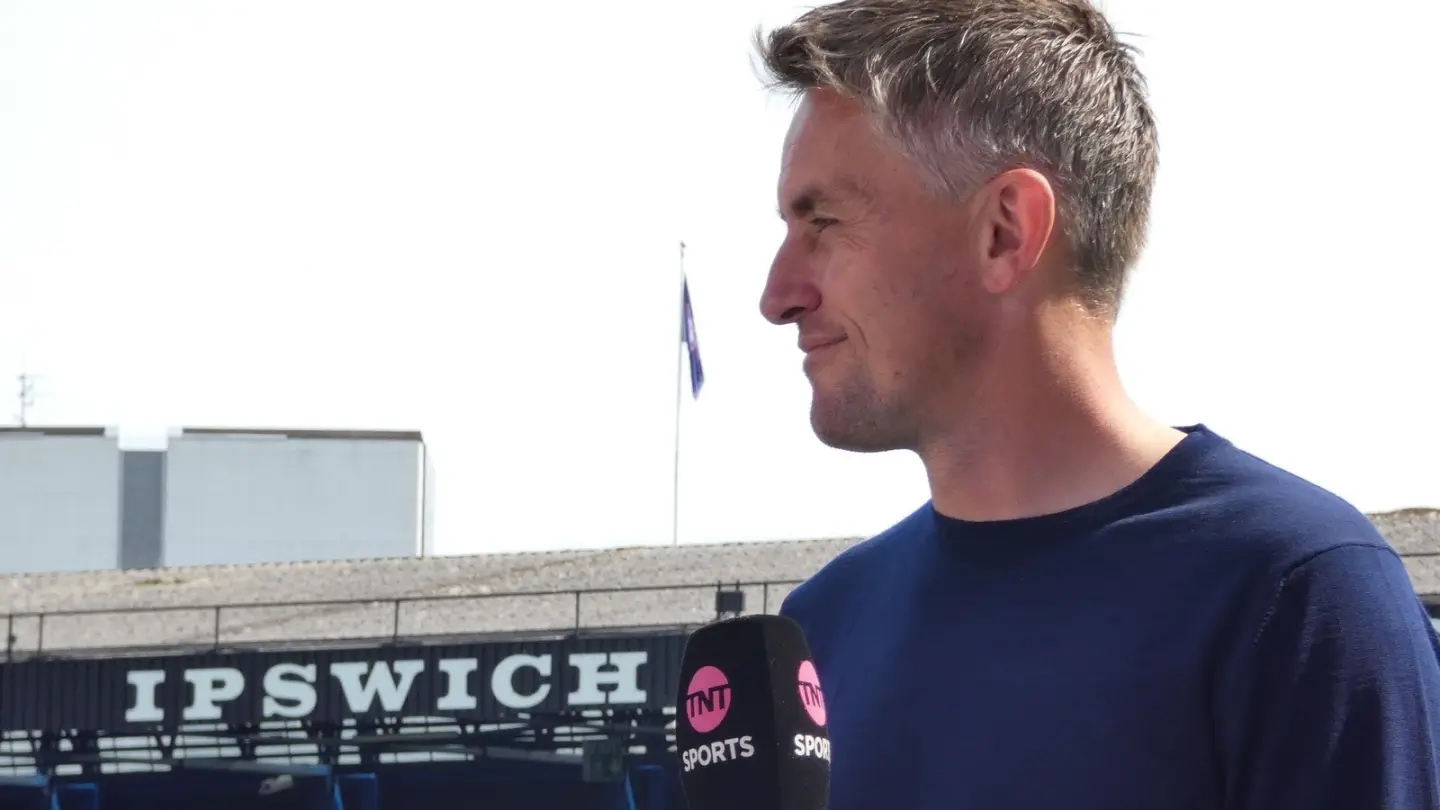 Kieran McKenna interviewed at Portman Road before an Ipswich Town match