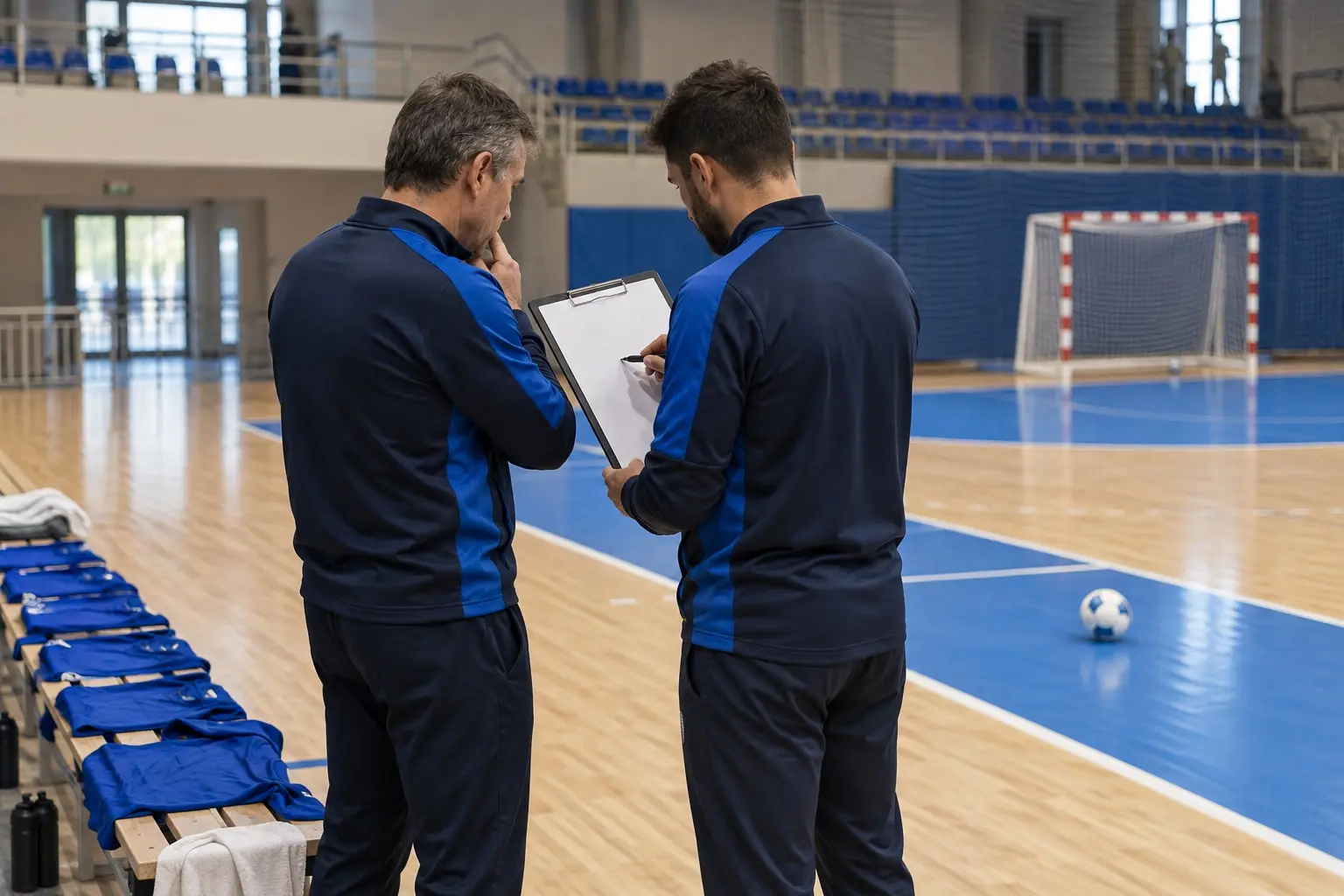 AI-generated editorial concept of futsal coaches reviewing preparation for Italy