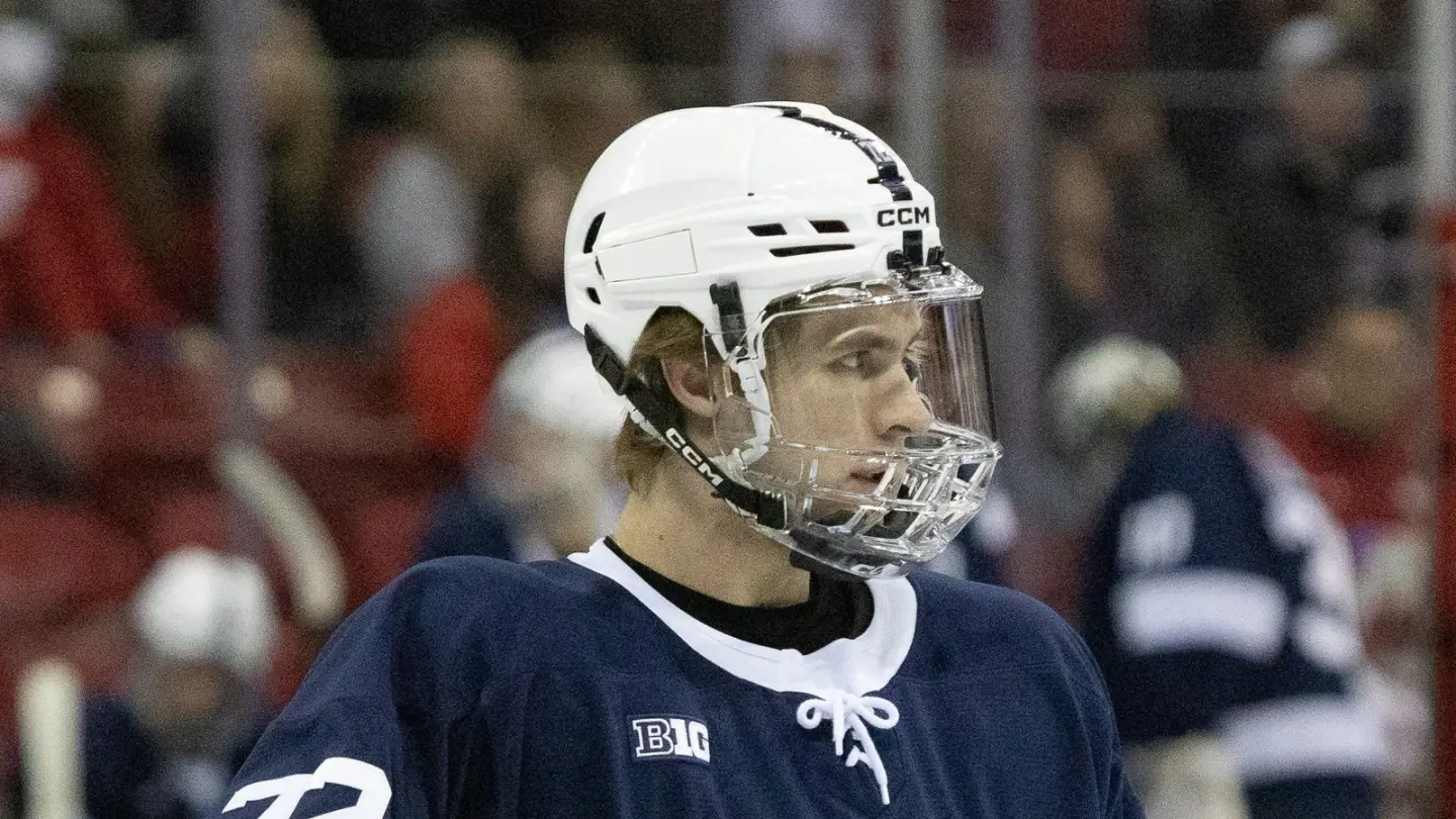 Gavin McKenna awaiting a face-off during a Penn State game in January 2026