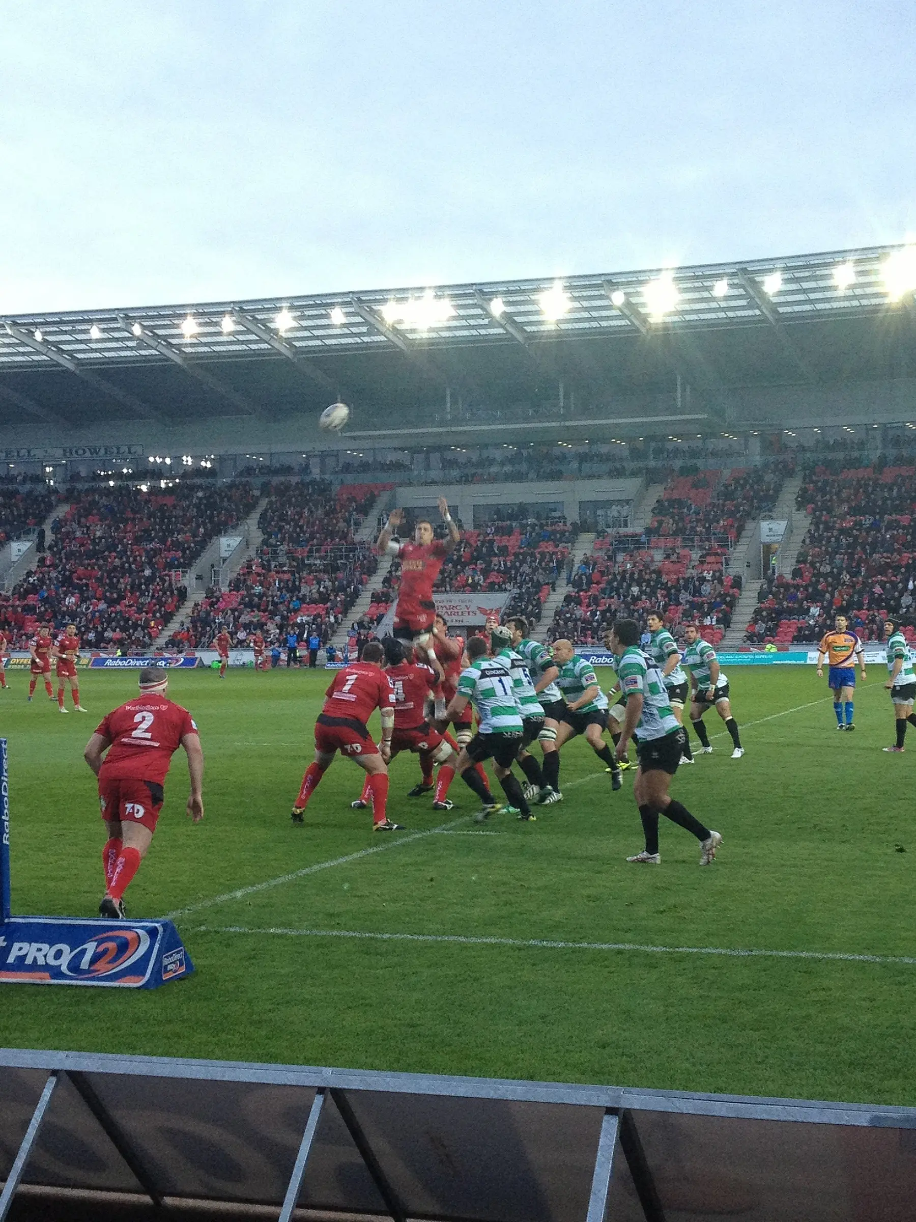 Scarlets players contest a lineout in an archive match at Parc y Scarlets