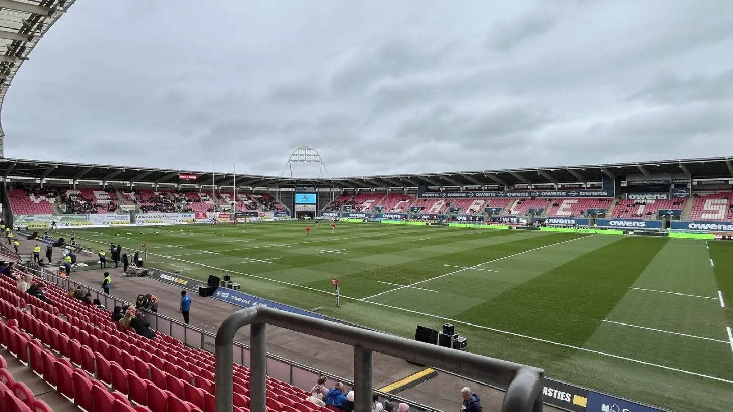 The interior of Parc y Scarlets before a rugby match in March 2025