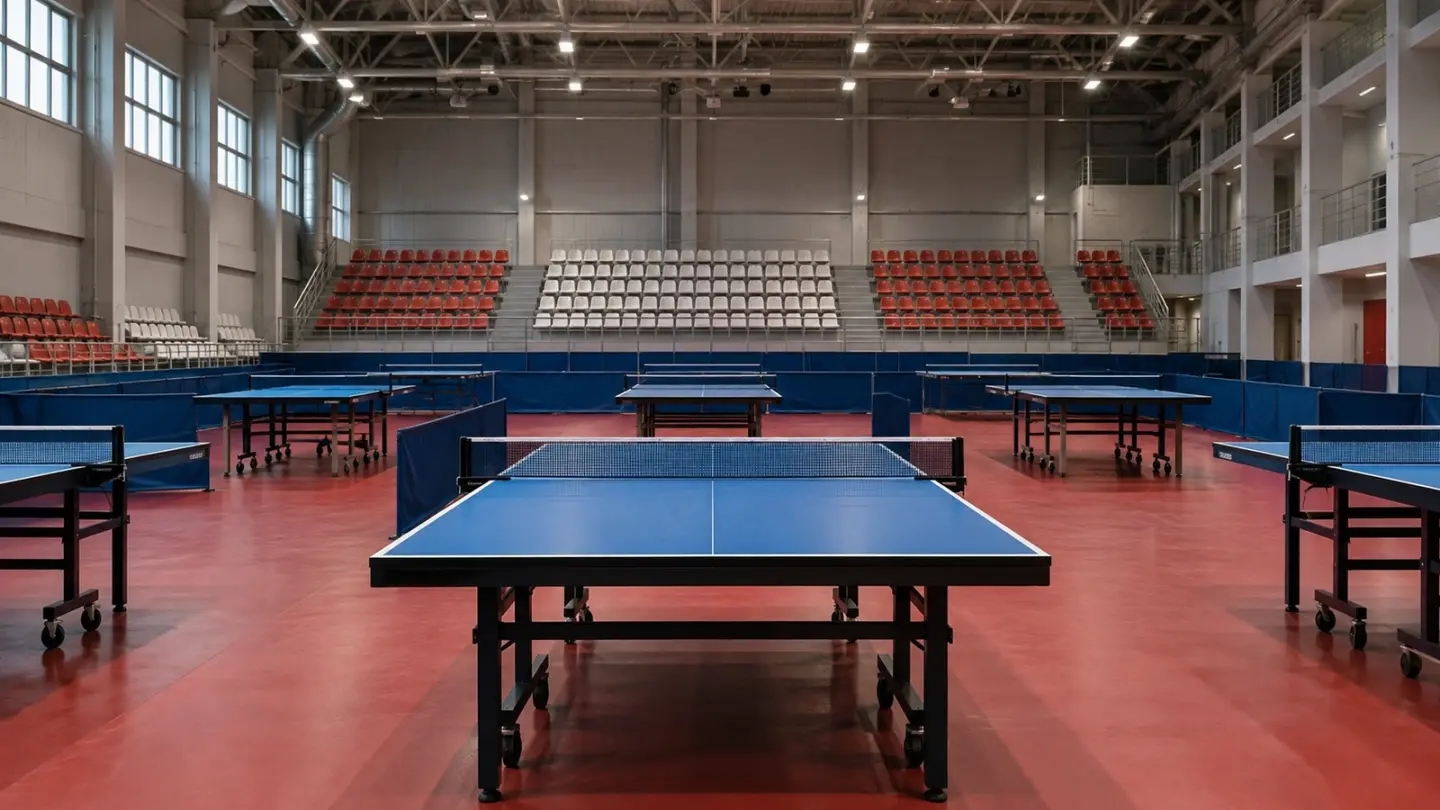 AI-generated editorial concept of an empty European youth table tennis hall