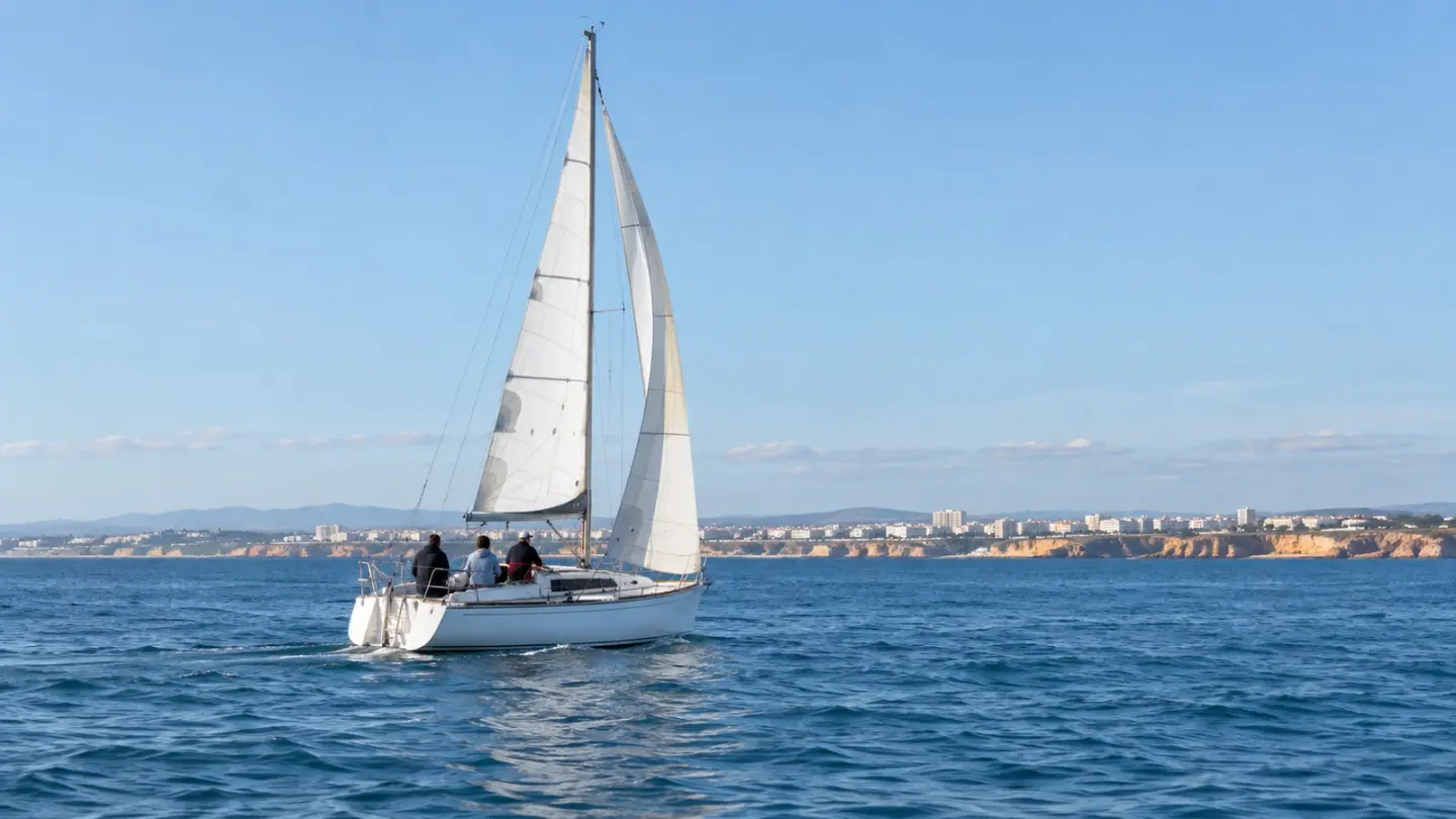 AI-generated editorial concept of a small keelboat sailing off the Algarve coast