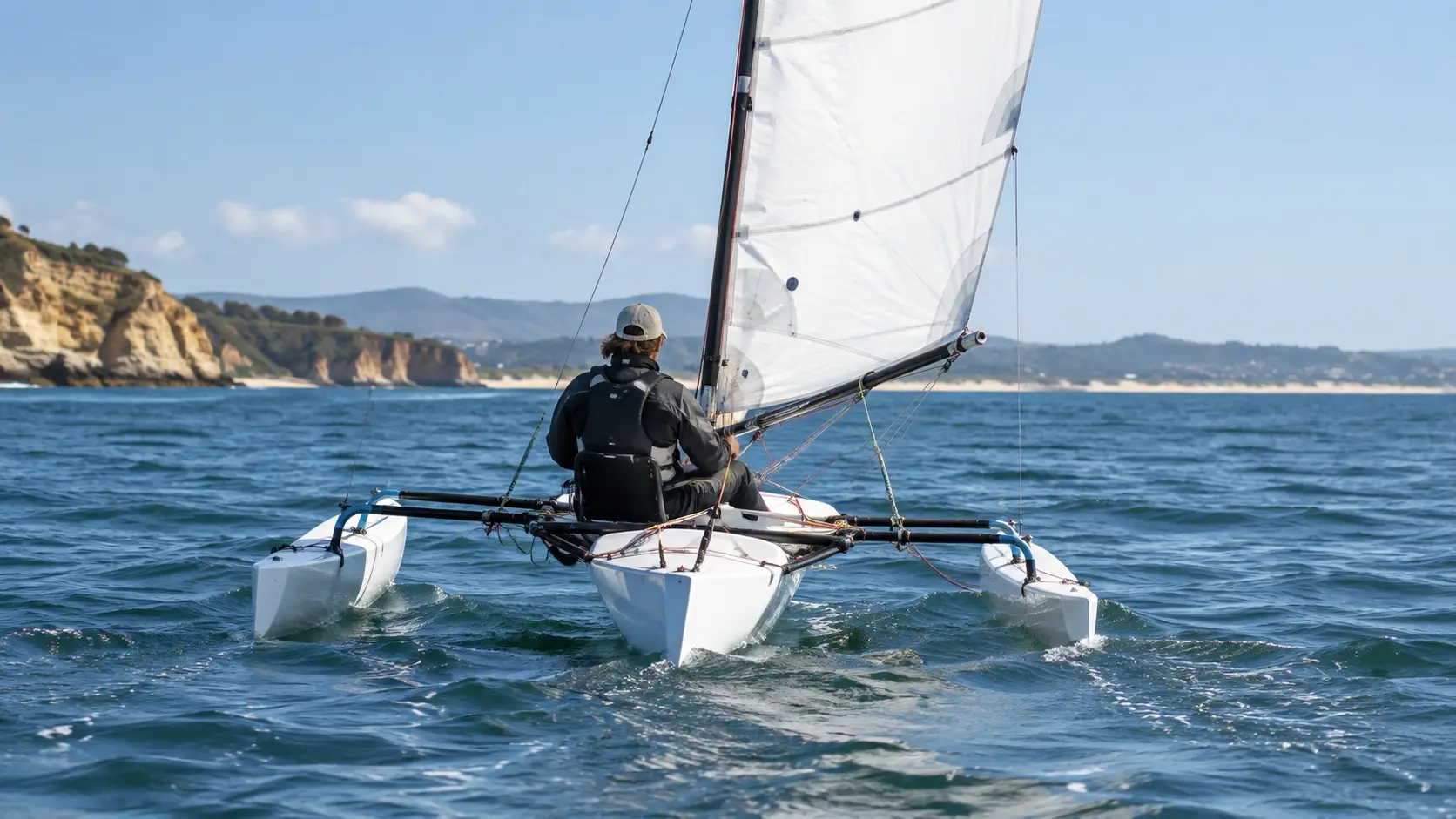 AI-generated editorial concept of a small trimaran under sail