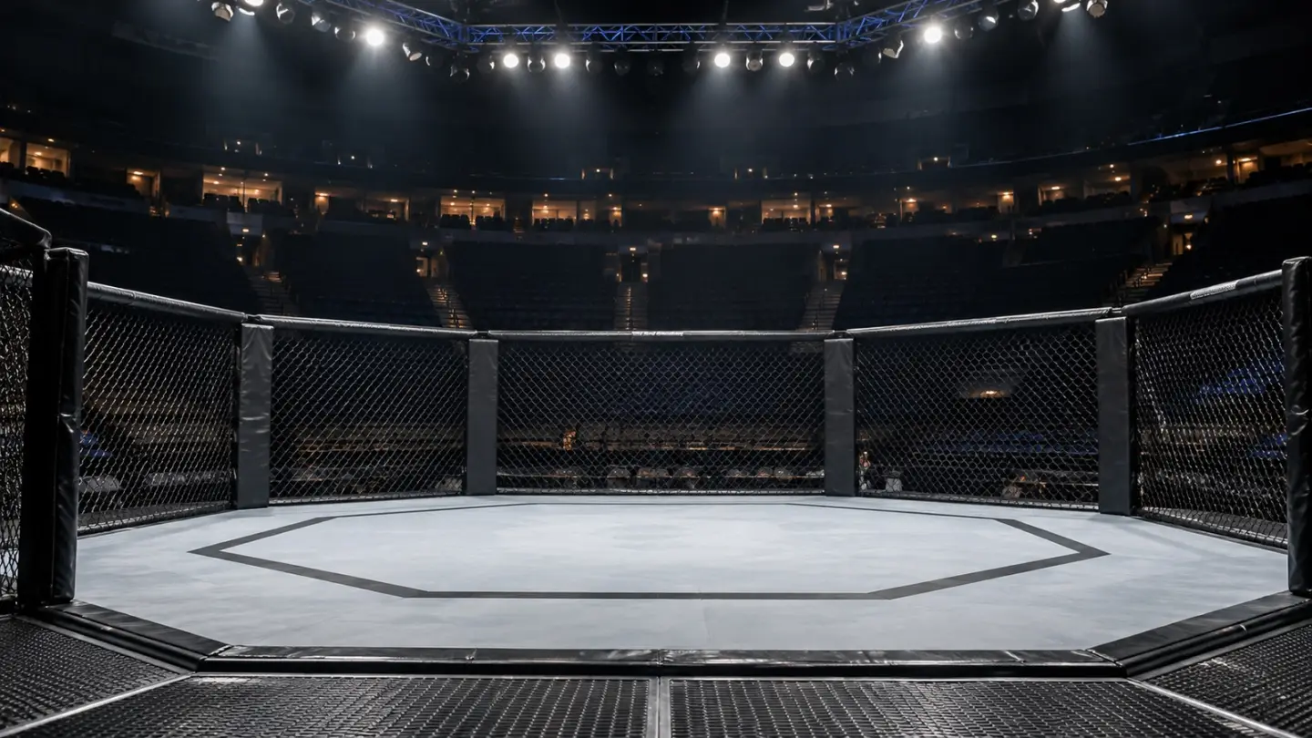 AI-generated editorial concept of an empty MMA cage before an event