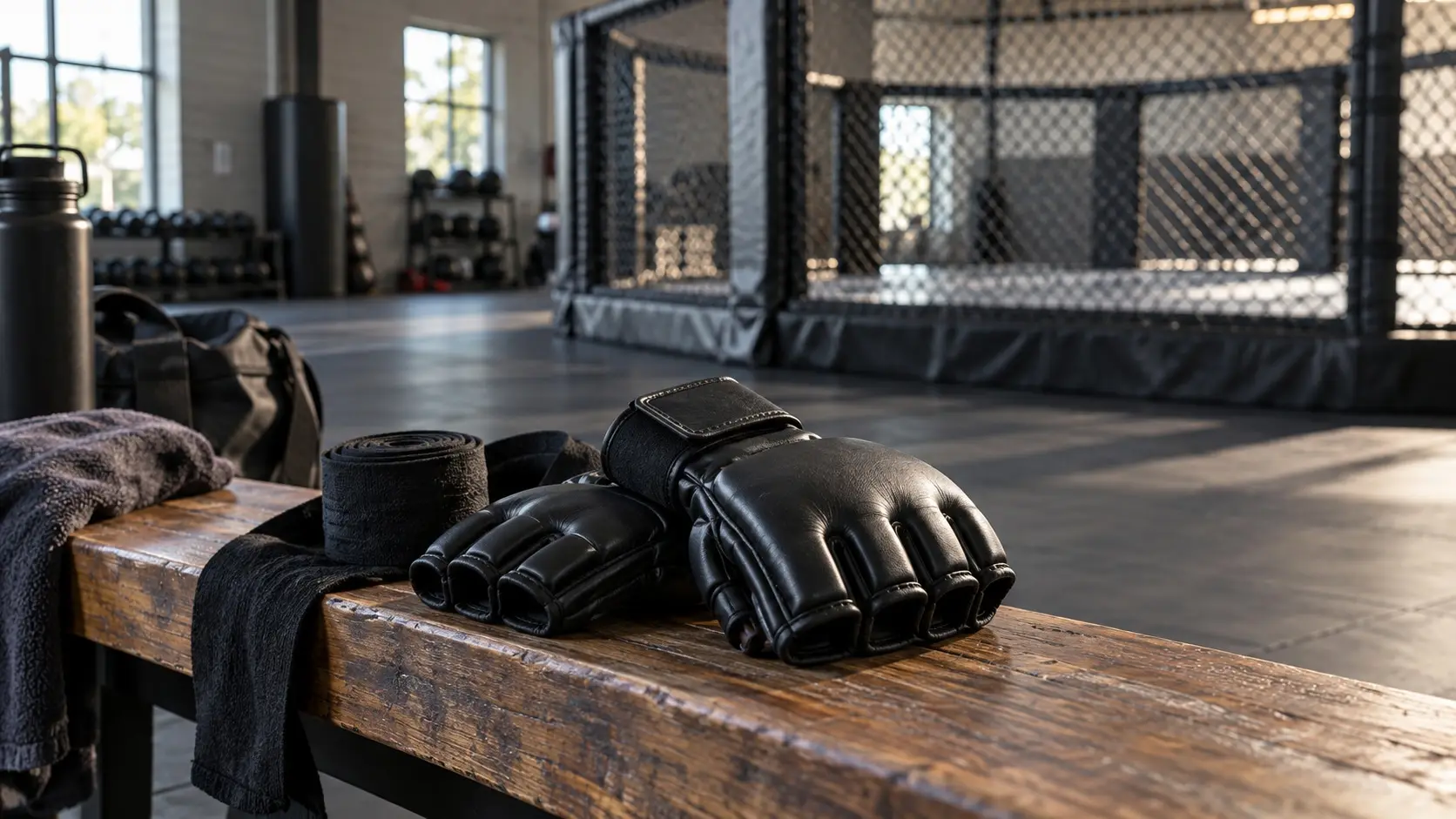 AI-generated editorial concept of MMA gloves and hand wraps in a training gym