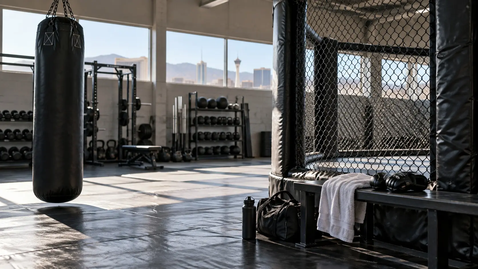AI-generated editorial concept of an empty MMA training gym
