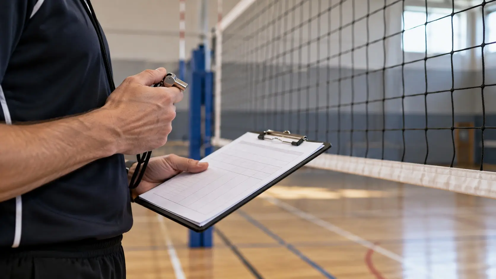 AI-generated editorial concept of a referee holding a whistle and blank score sheet