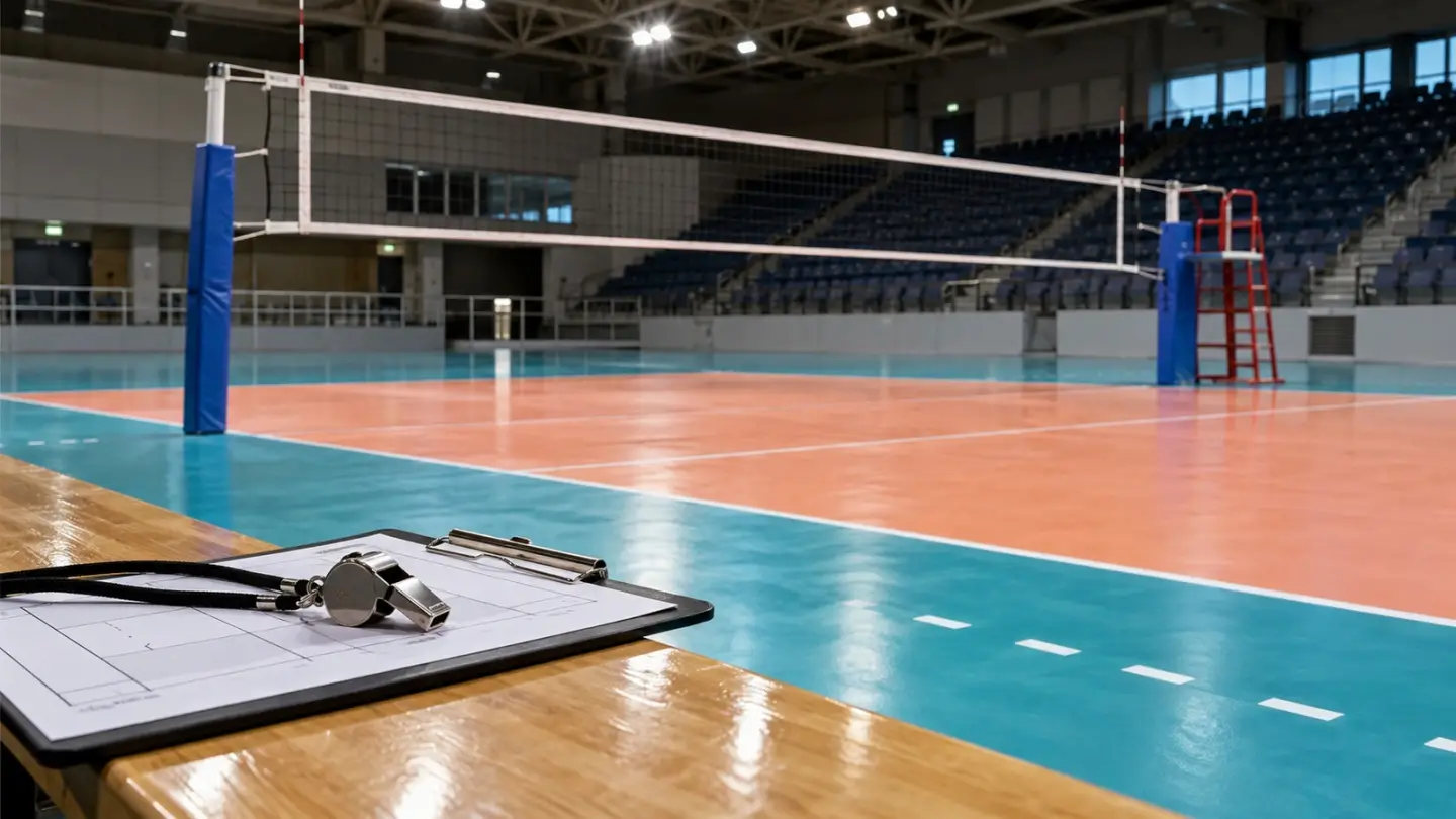 AI-generated editorial concept of an empty volleyball court and referee equipment