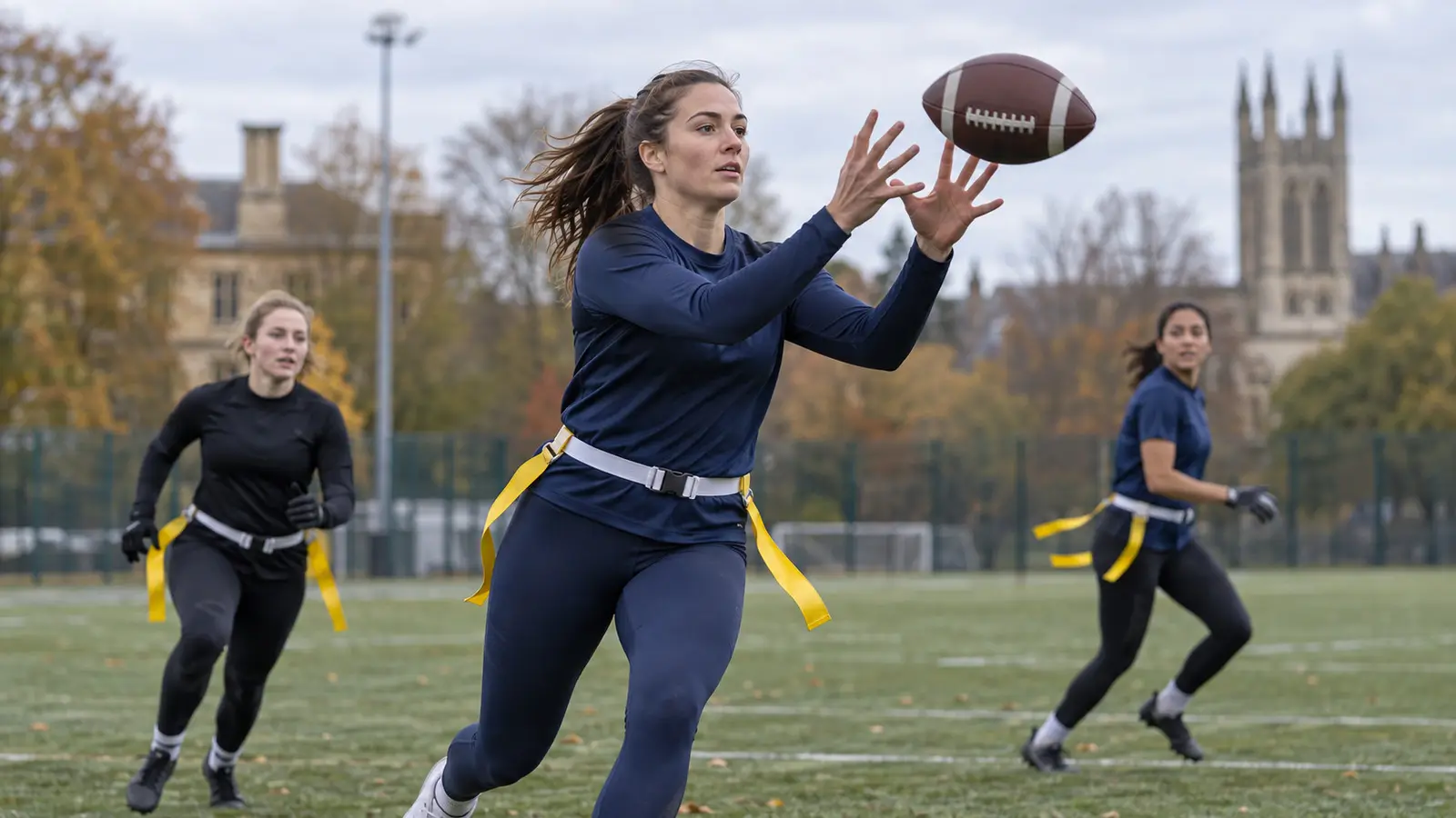 AI-generated editorial concept of a woman catching a ball during flag football practice
