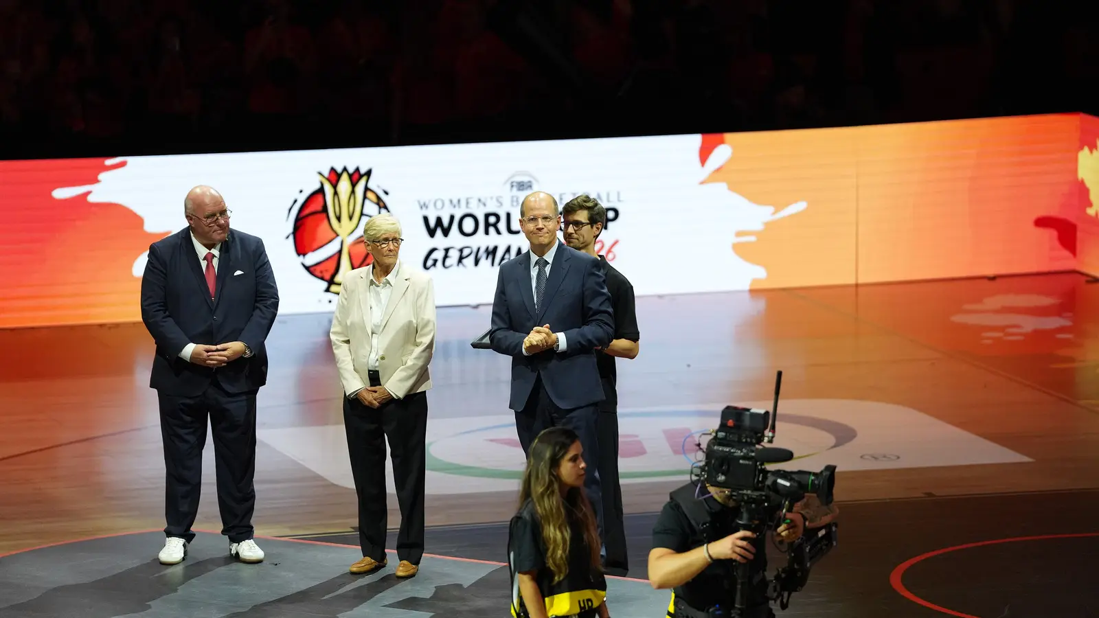 FIBA secretary general Andreas Zagklis with other officials at a 2026 basketball event