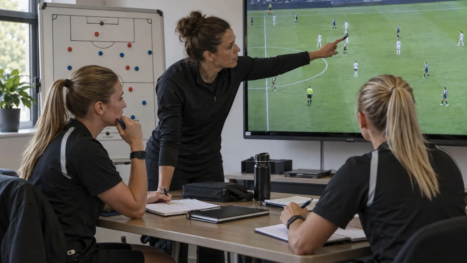 AI-generated editorial concept of football referees reviewing match footage in training