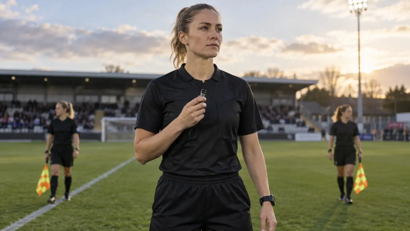 AI-generated editorial concept of a woman referee before a football match